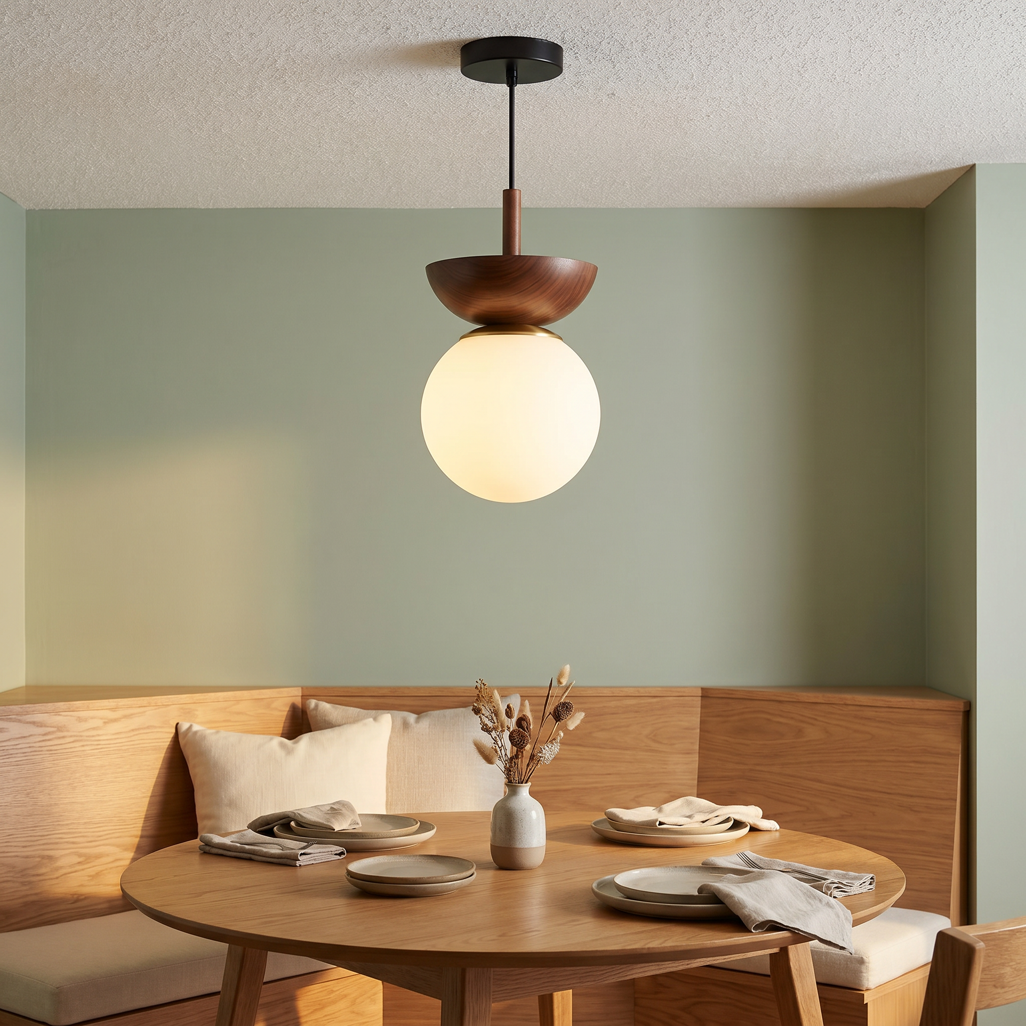 Glass Orb Ceiling Light, Iron, G9, Semi-Flush or Pendant, Wood or Walnut