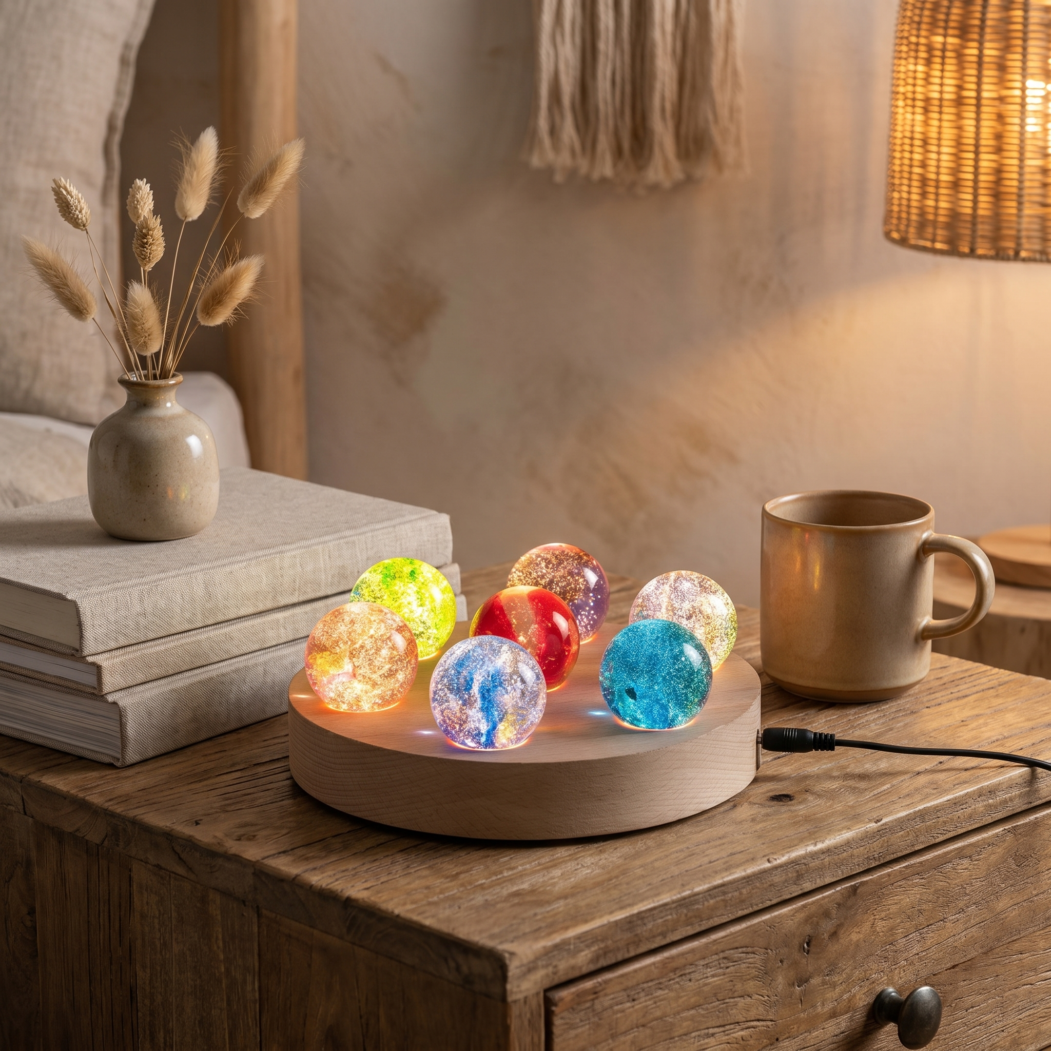 Galaxy Orb Lamp Set, 7 Crystal Orbs, Wood and Glass, USB