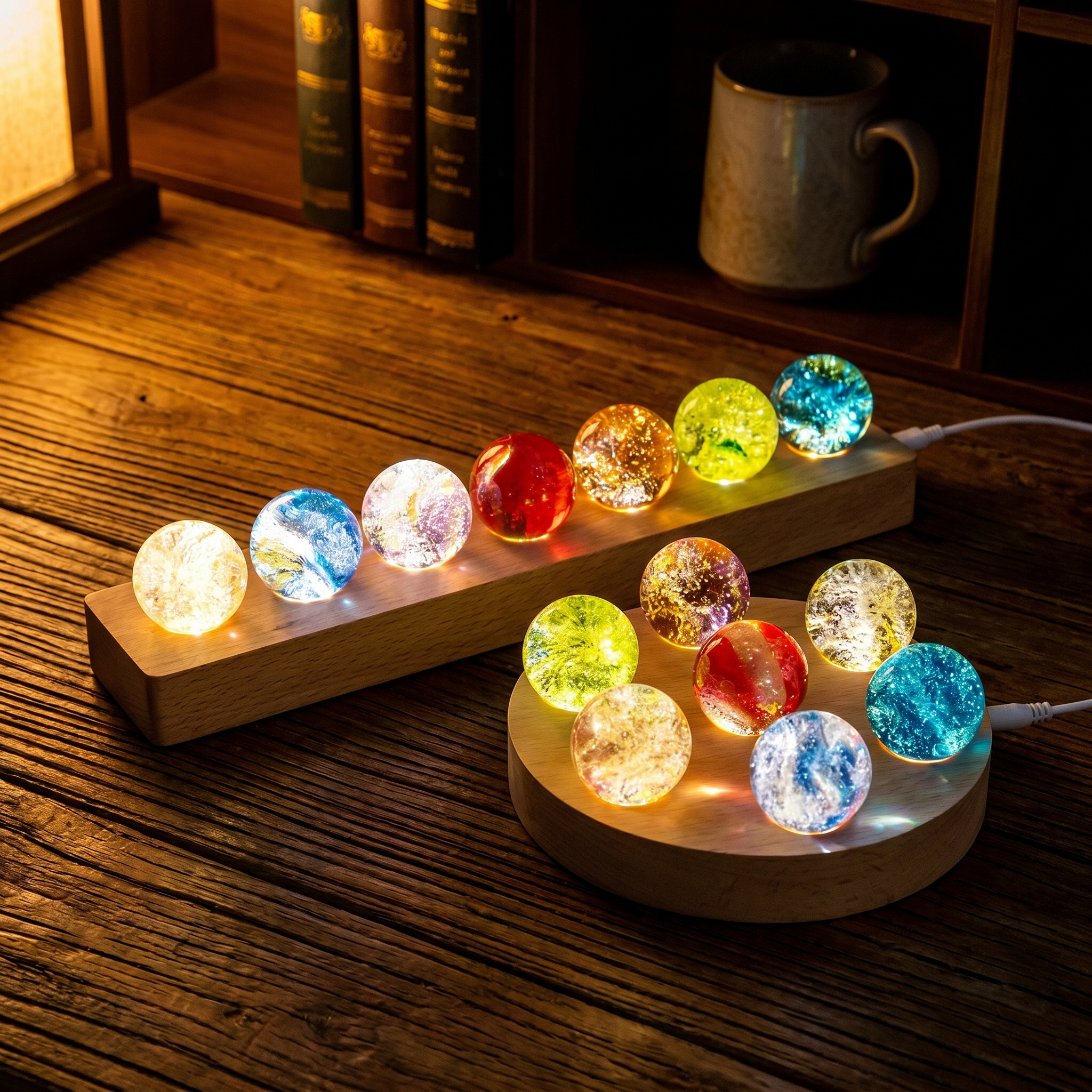 Galaxy Orb Lamp Set, 7 Crystal Orbs, Wood and Glass, USB