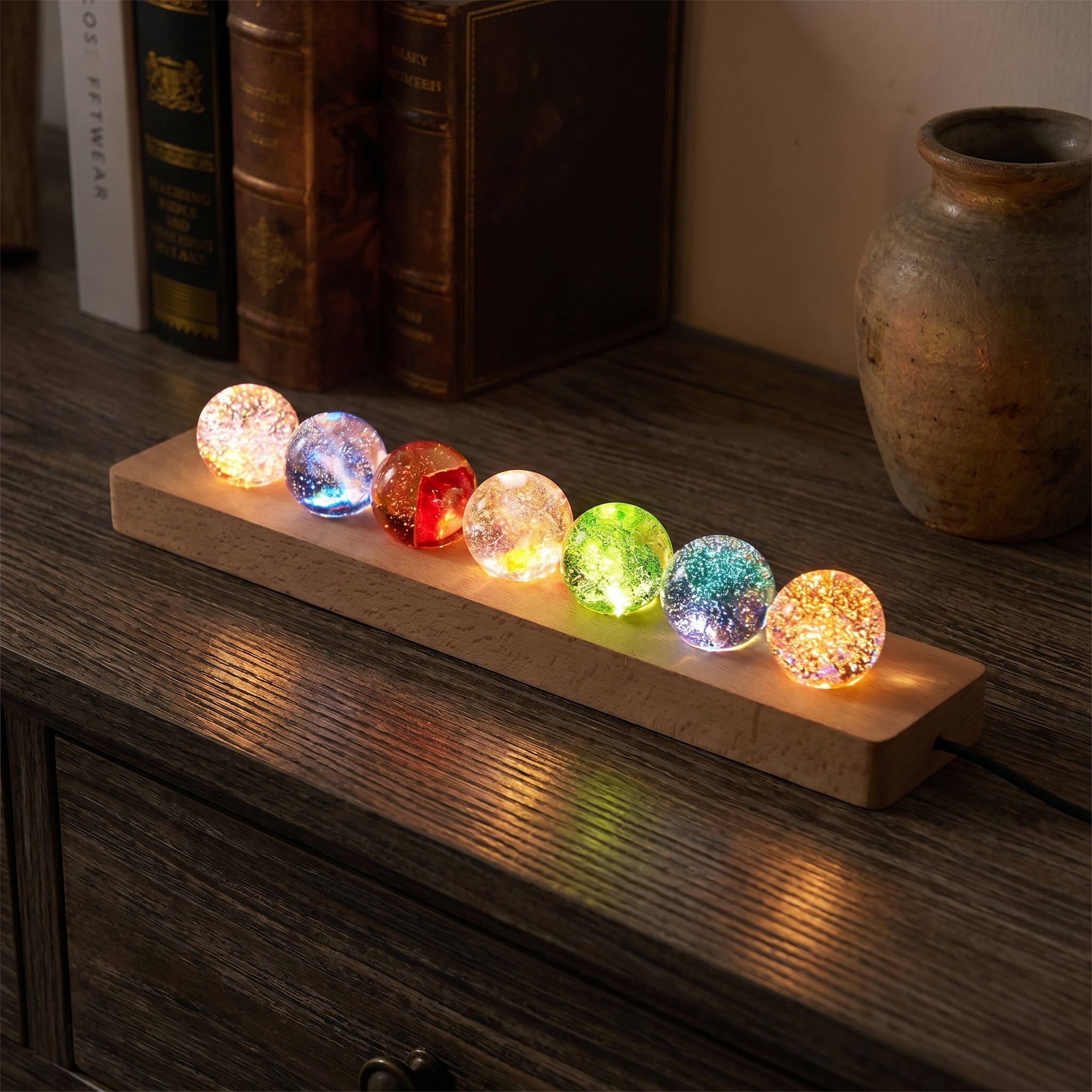 Galaxy Orb Lamp Set, 7 Crystal Orbs, Wood and Glass, USB