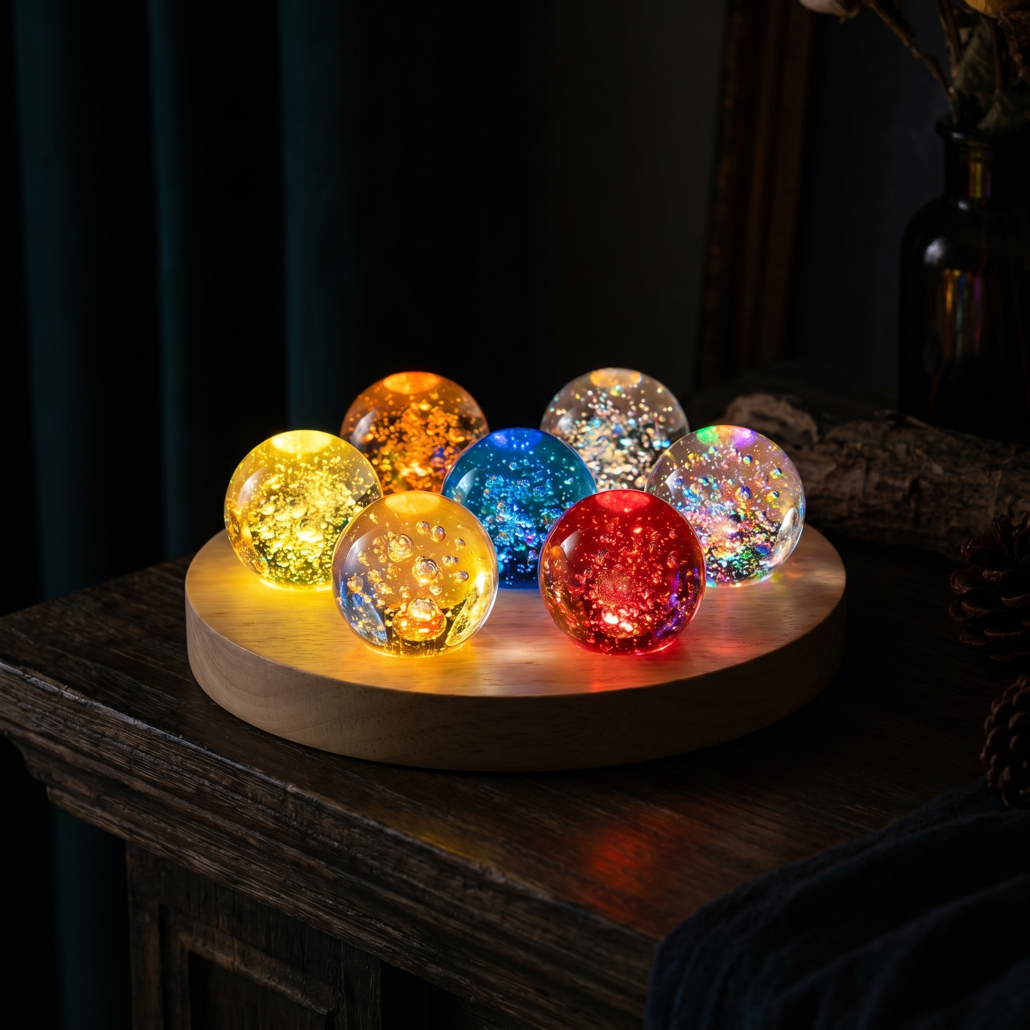 Galaxy Orb Lamp Set, 7 Crystal Orbs, Wood and Glass, USB