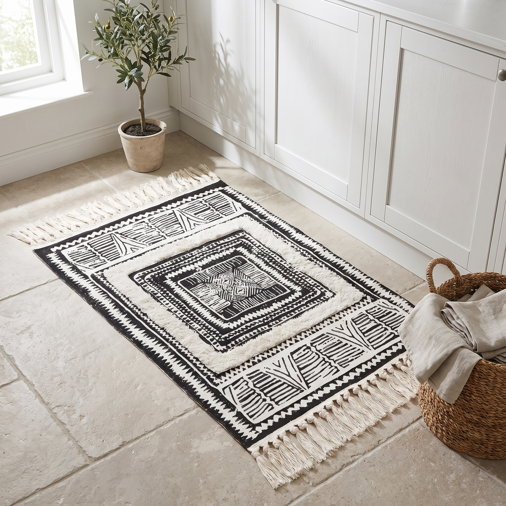 Geometric Tassel Floor Mat, Black and White Boho