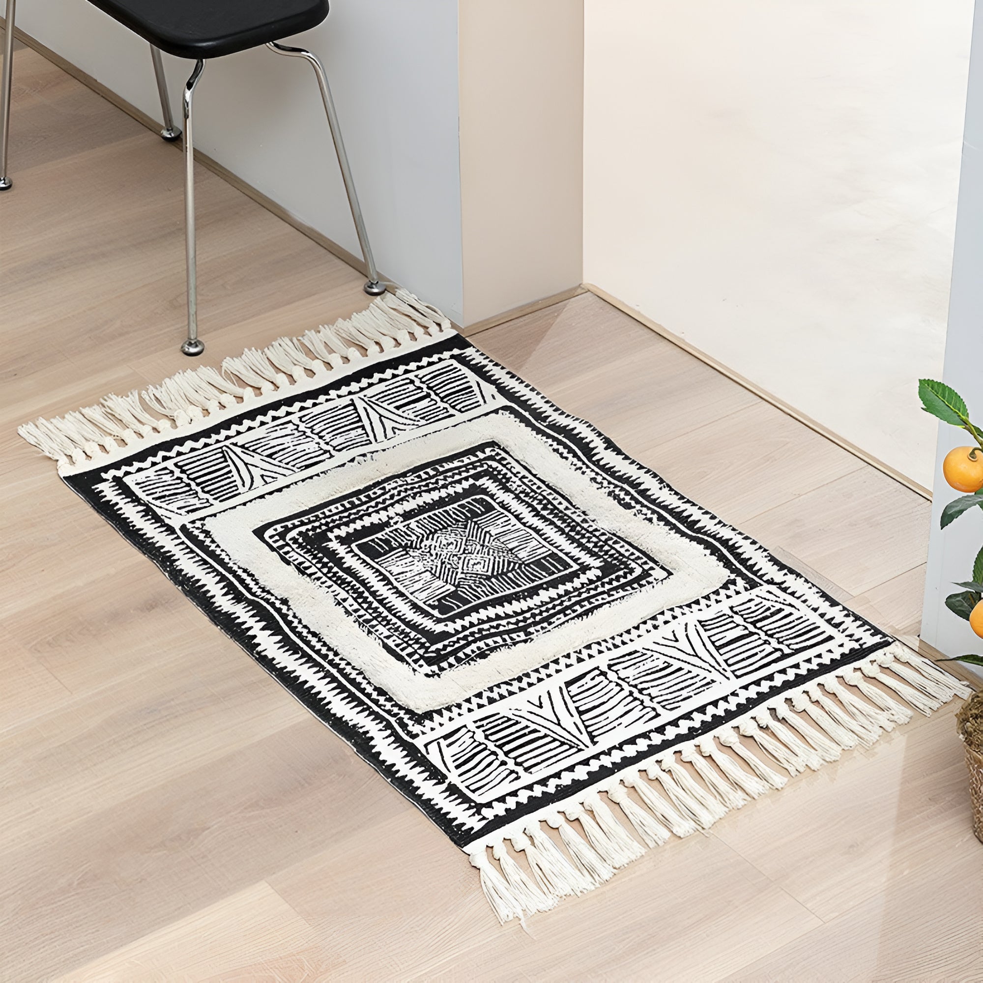Geometric Tassel Floor Mat, Black and White Boho