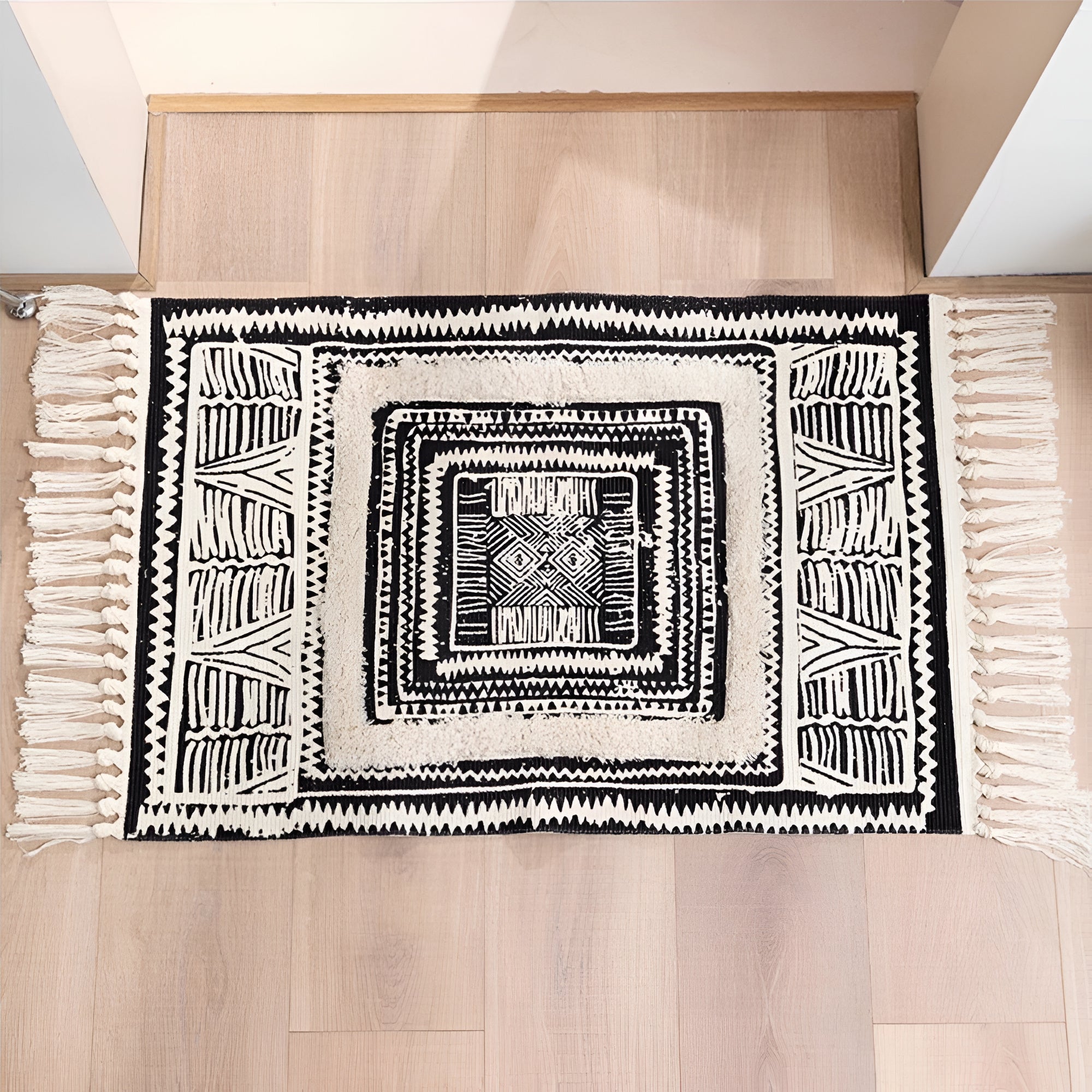 Geometric Tassel Floor Mat, Black and White Boho