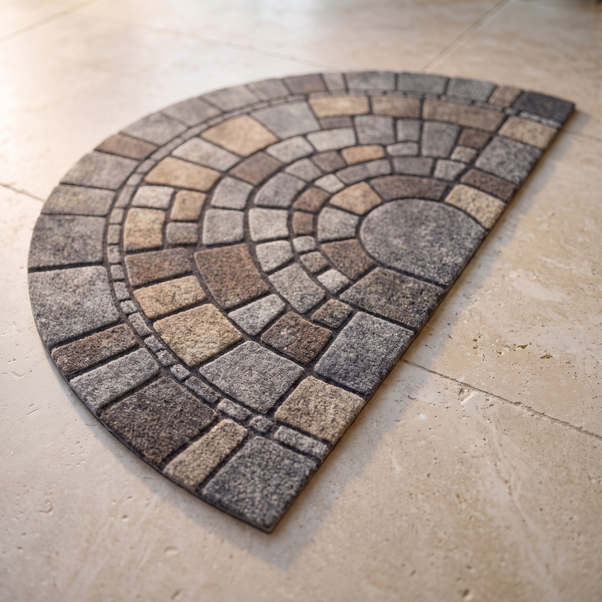Close view of the cobblestone mosaic pattern on the door mat
