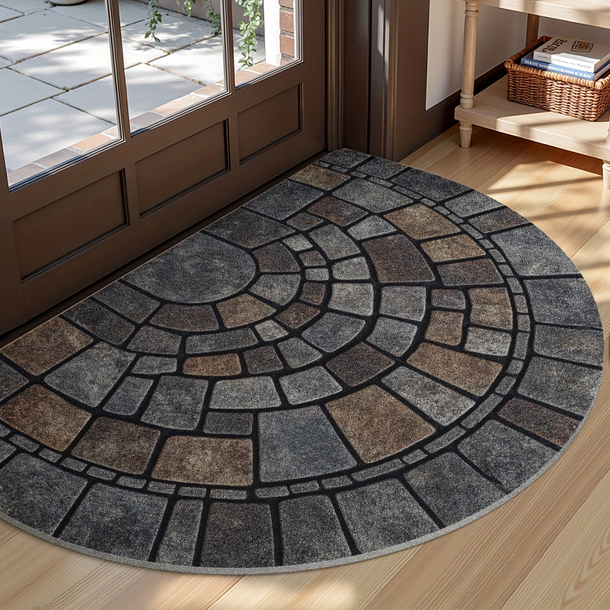 Half round mosaic door mat on a wood porch at a door