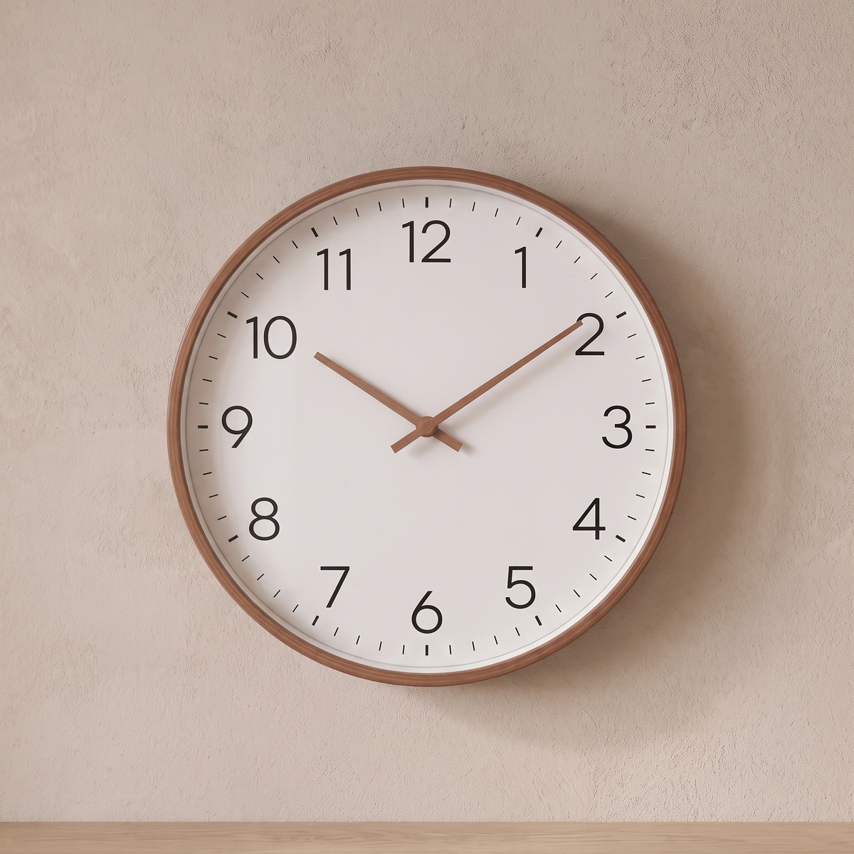 Hamar wall clock with a brown wood frame on a plaster wall
