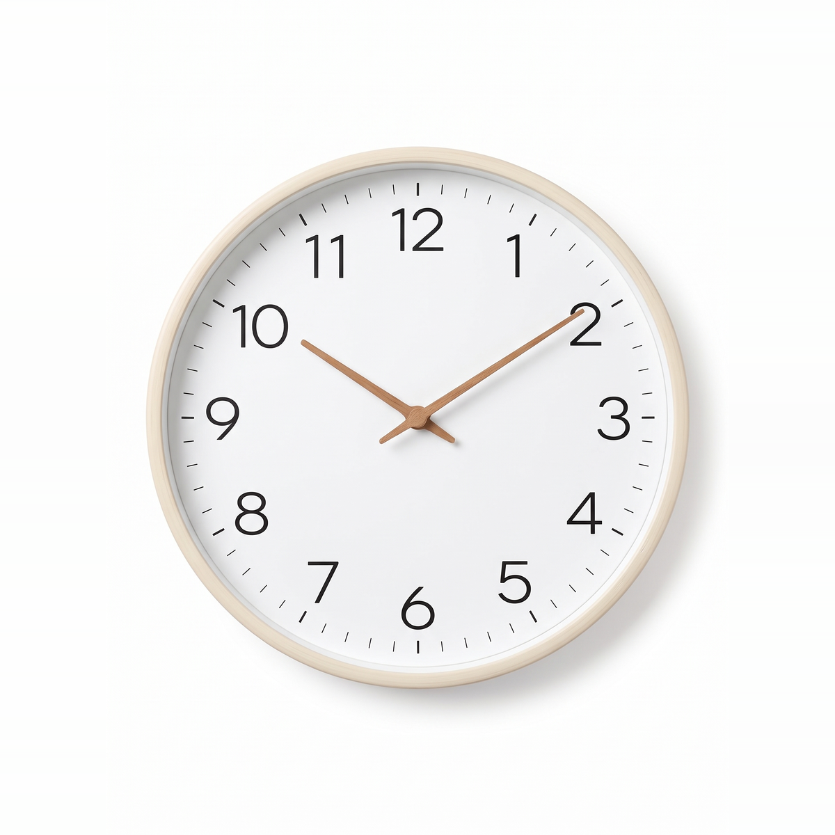 Hamar silent wall clock with cream wood frame and plain white dial, on white