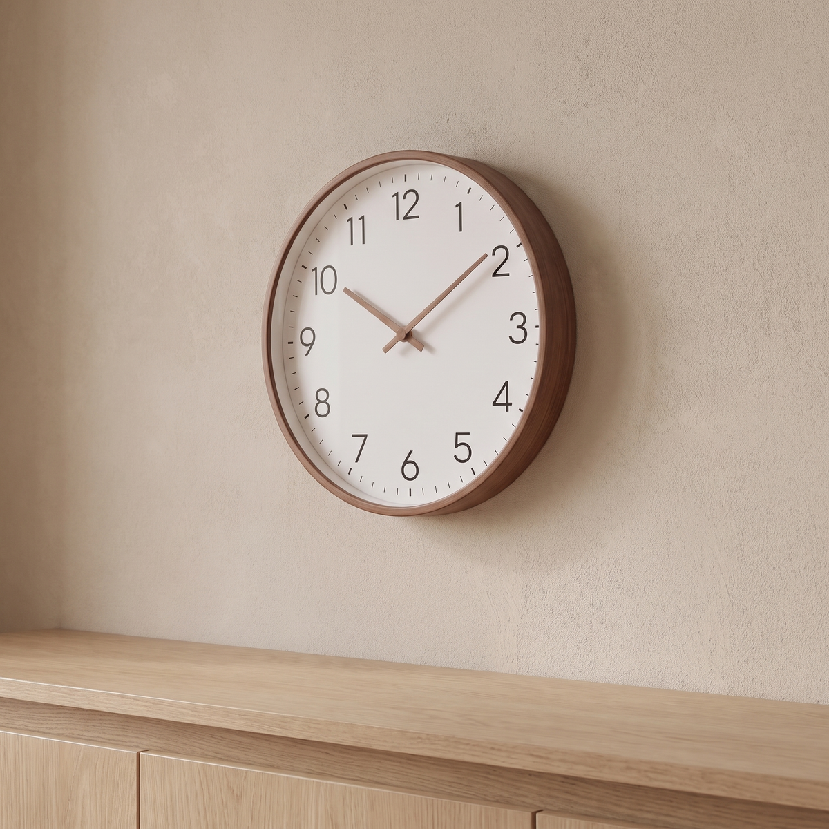 Hamar wood frame wall clock on a plaster wall above a sideboard