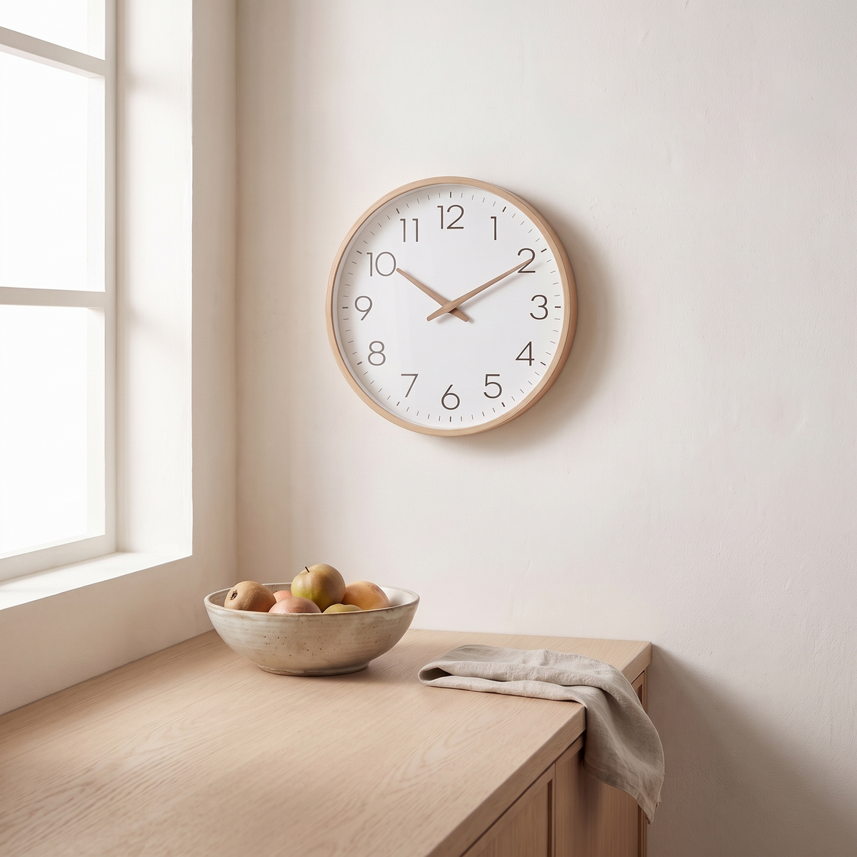 Hamar wood frame wall clock on a kitchen wall above a counter