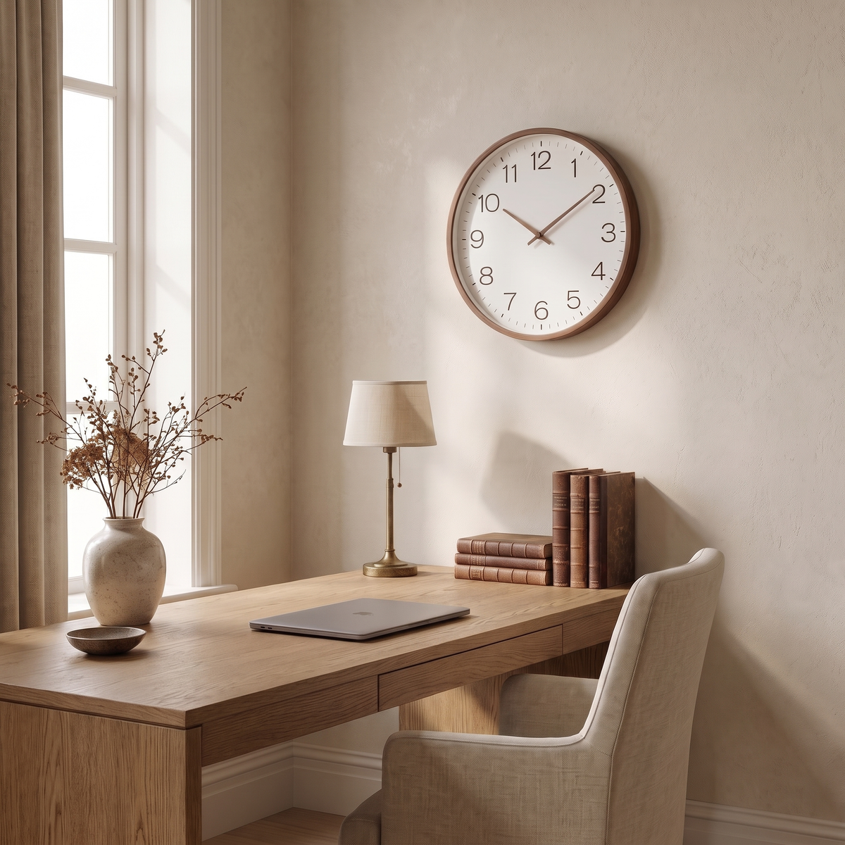 Hamar wall clock above a desk in a home office