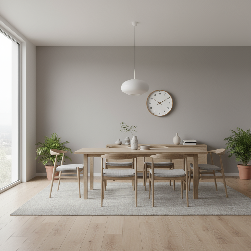 Hamar wall clock with brown wood frame above a dining table