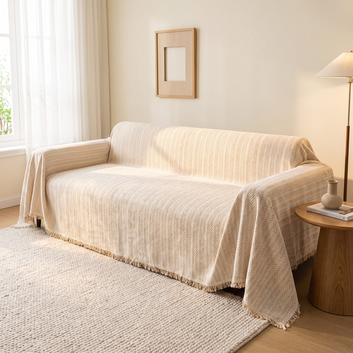 Sofa Cover in Beige on a sofa in a living room