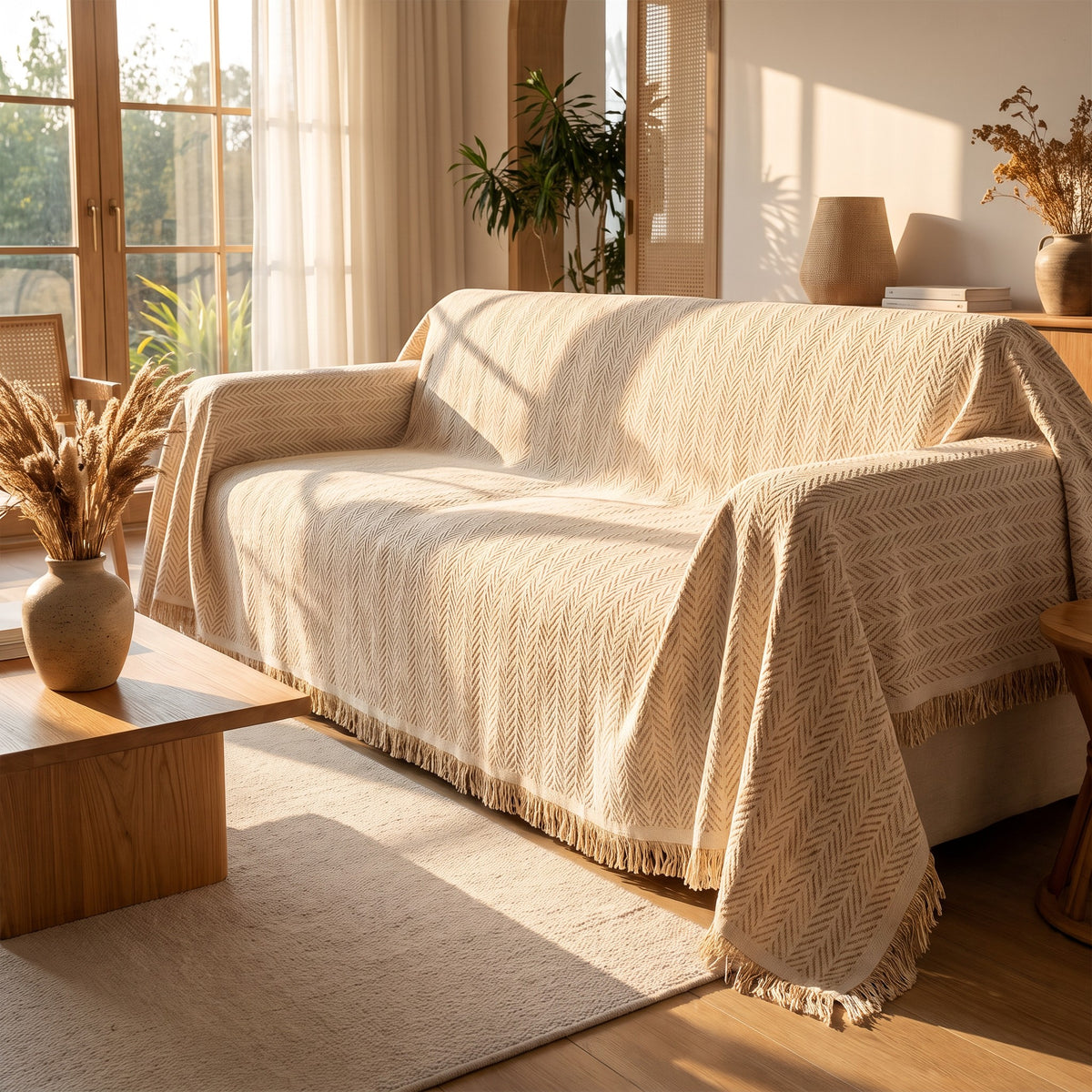 Sofa Cover in Beige on a sofa in a lived in room
