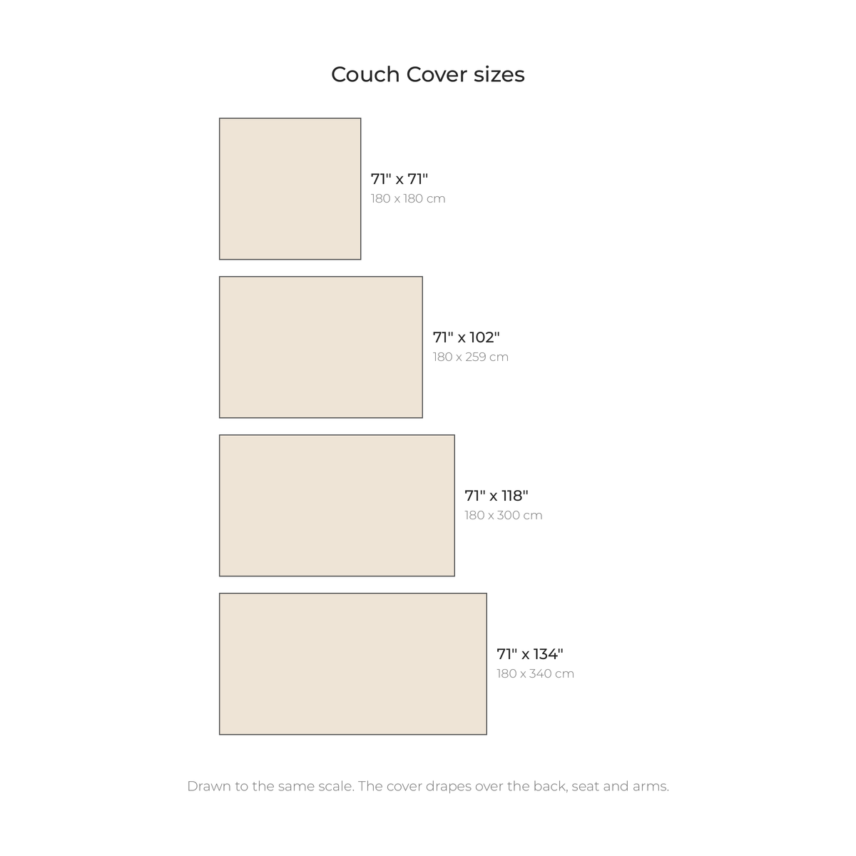 Couch Cover sizes drawn to scale with inches and centimeters