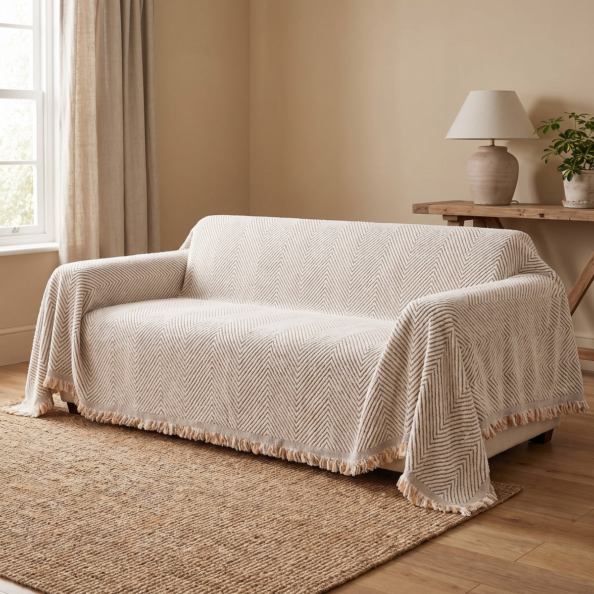 Couch Cover in Ivory on a sofa in a living room