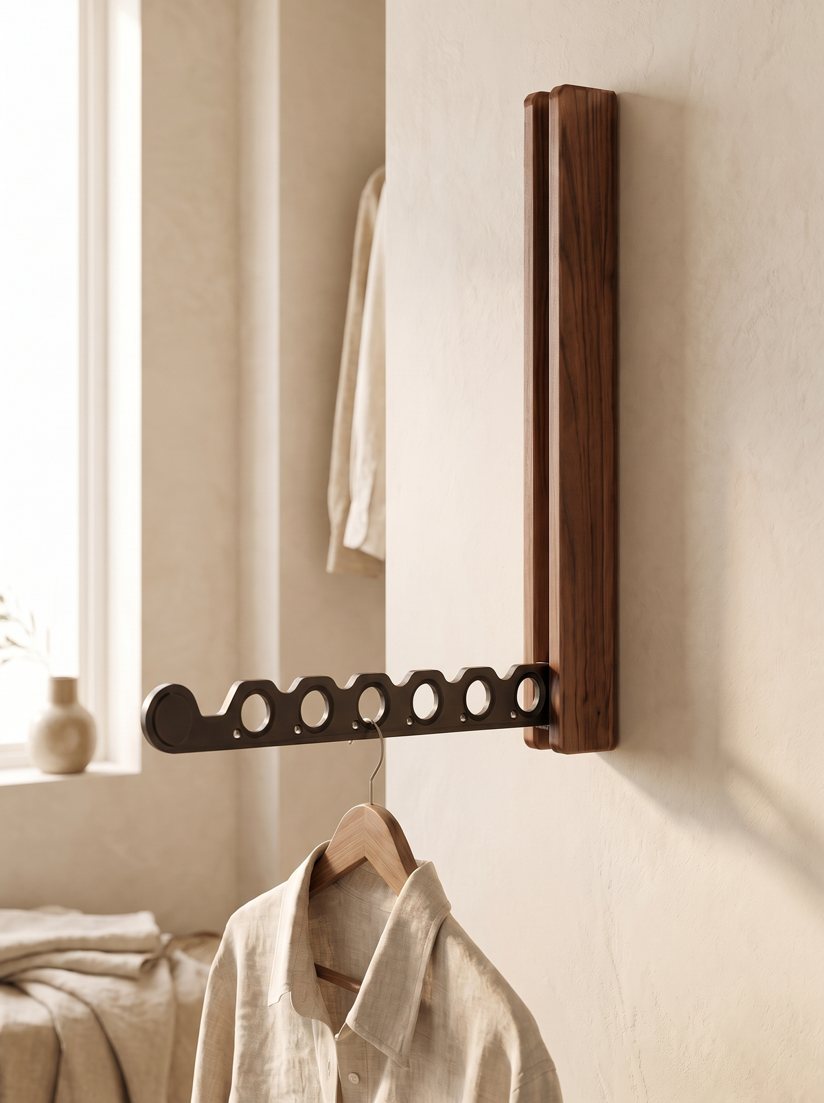Solid wood hanger rail detail showing grain and folding joint