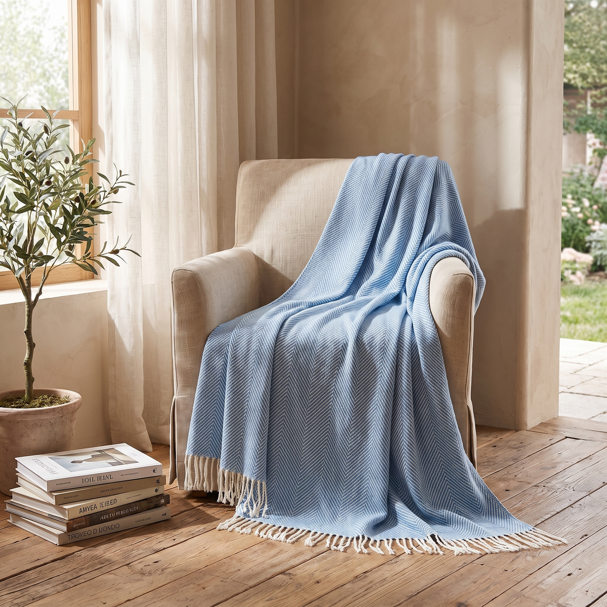 Herringbone Fringe Throw Blanket, Acrylic Weave