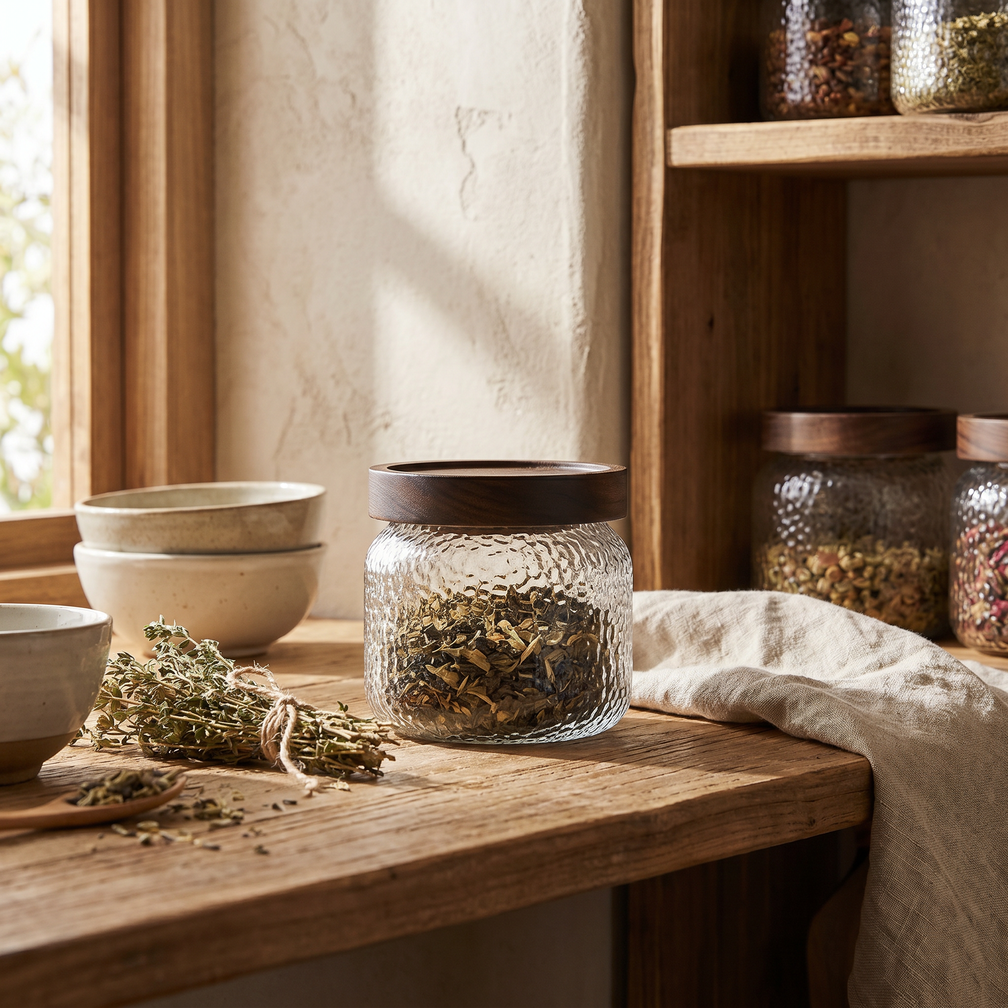 Hammered Glass Airtight Jar, Dark Timber Lid, Silicone Seal, Three Sizes