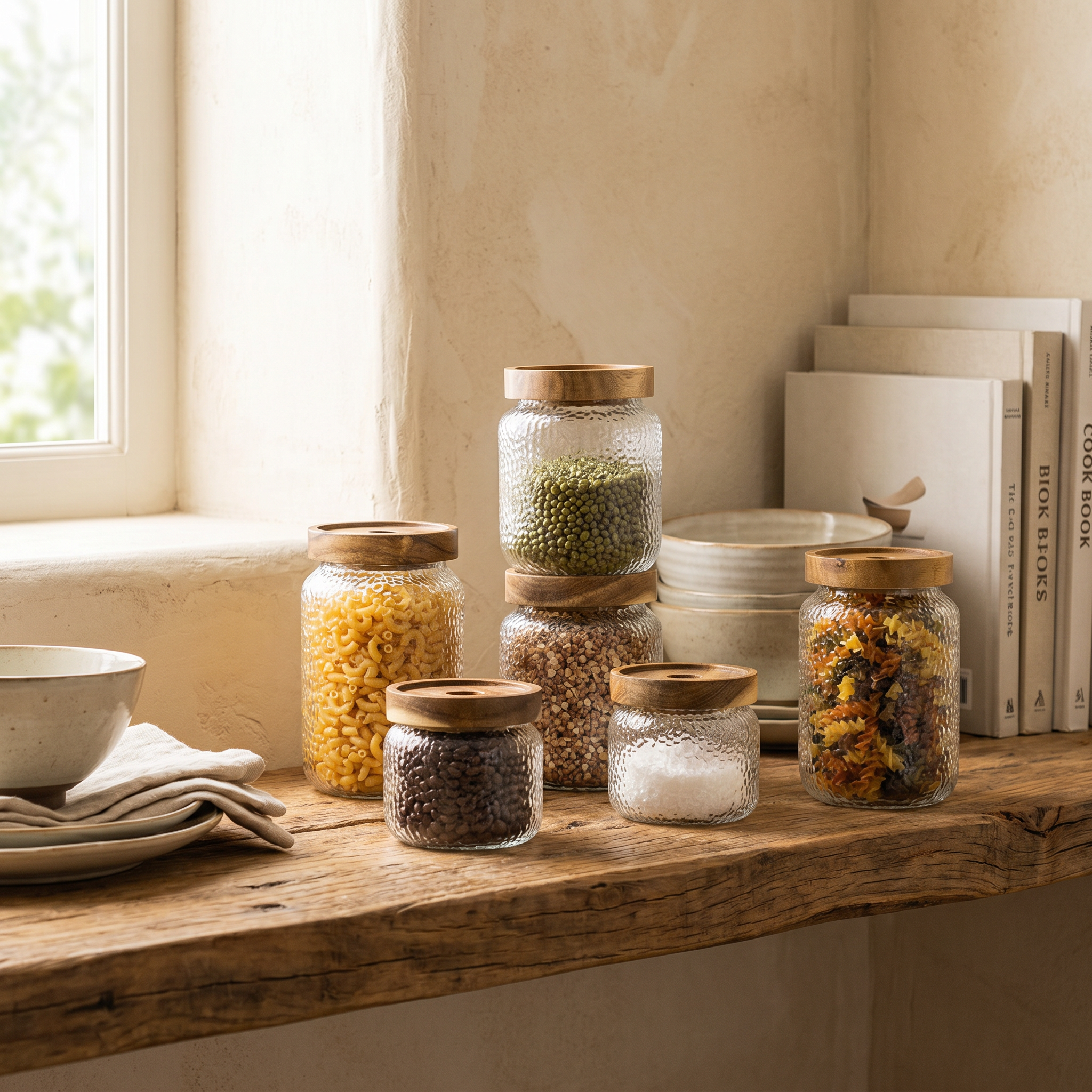Hammered Glass Airtight Jar, Dark Timber Lid, Silicone Seal, Three Sizes
