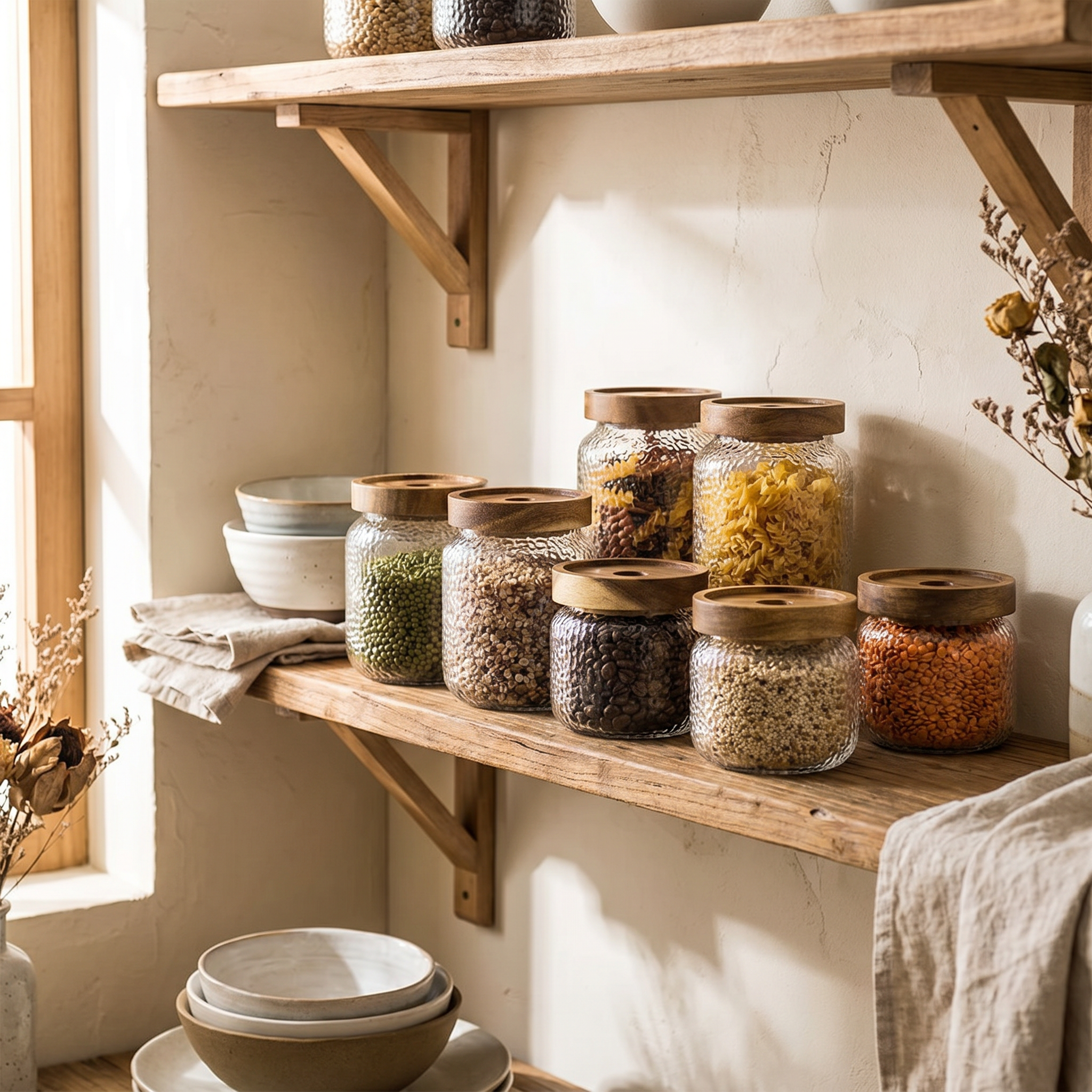 Hammered Glass Airtight Jar, Dark Timber Lid, Silicone Seal, Three Sizes