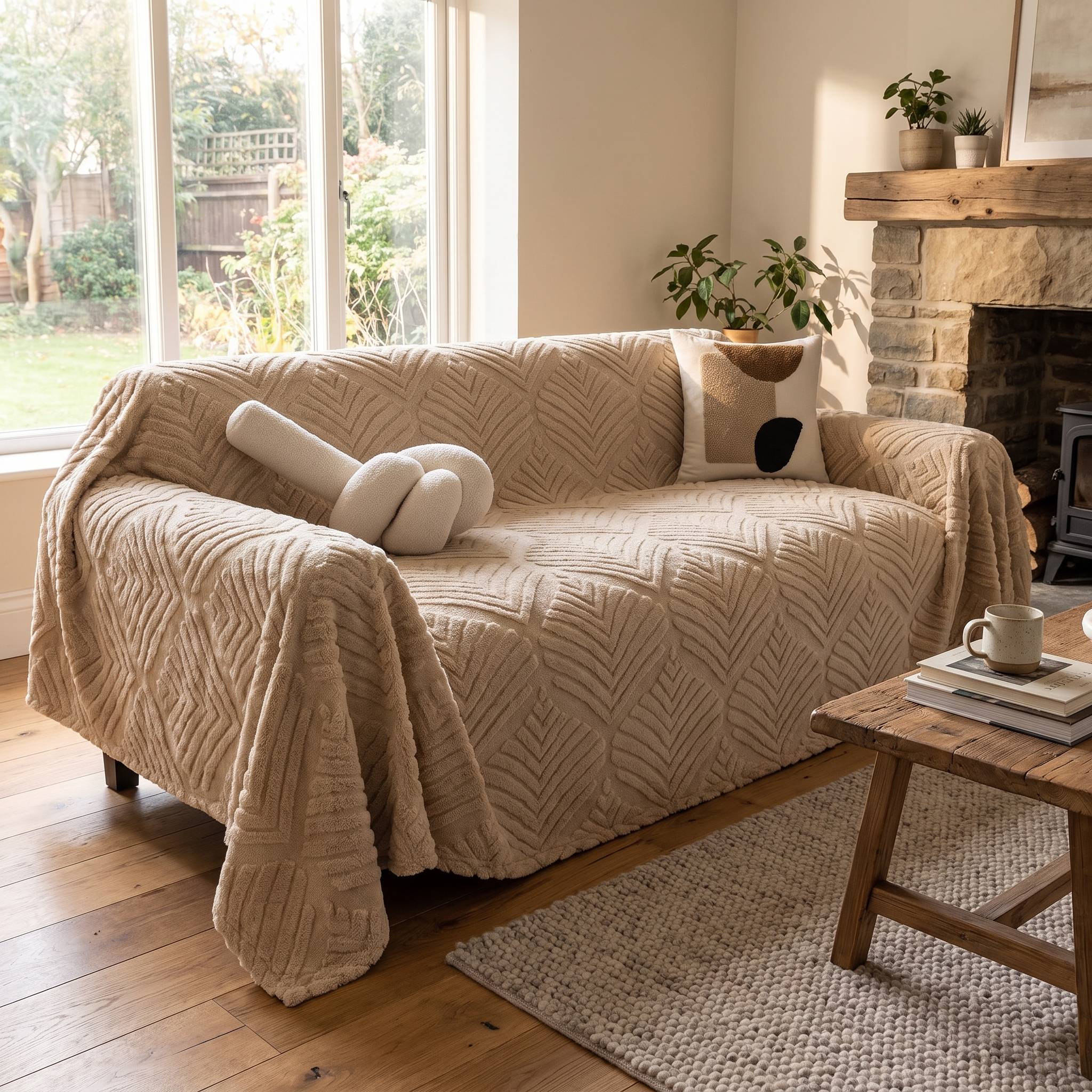 Herringbone Leaf Fleece Sofa Cover, Non-Slip