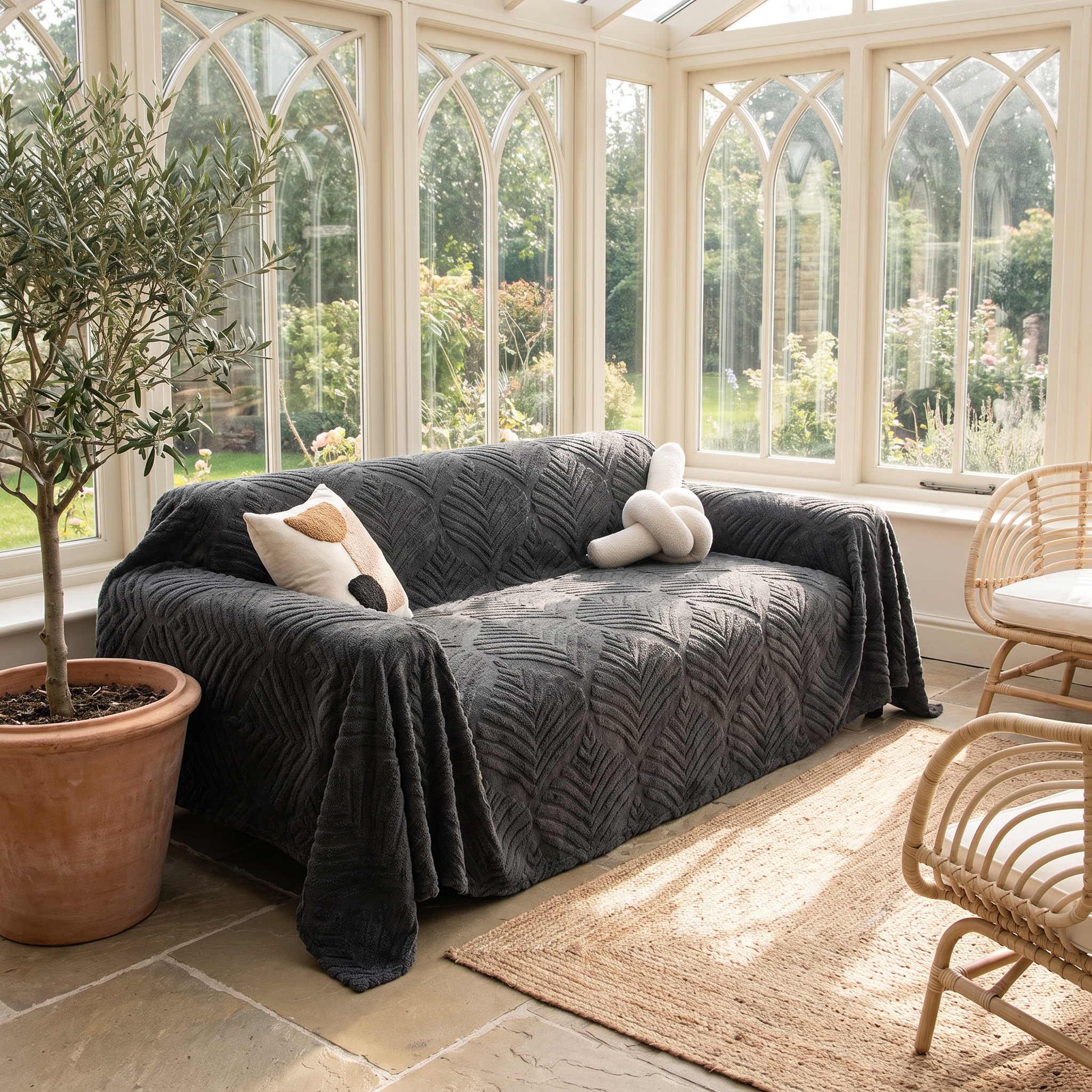 Herringbone Leaf Fleece Sofa Cover, Non-Slip