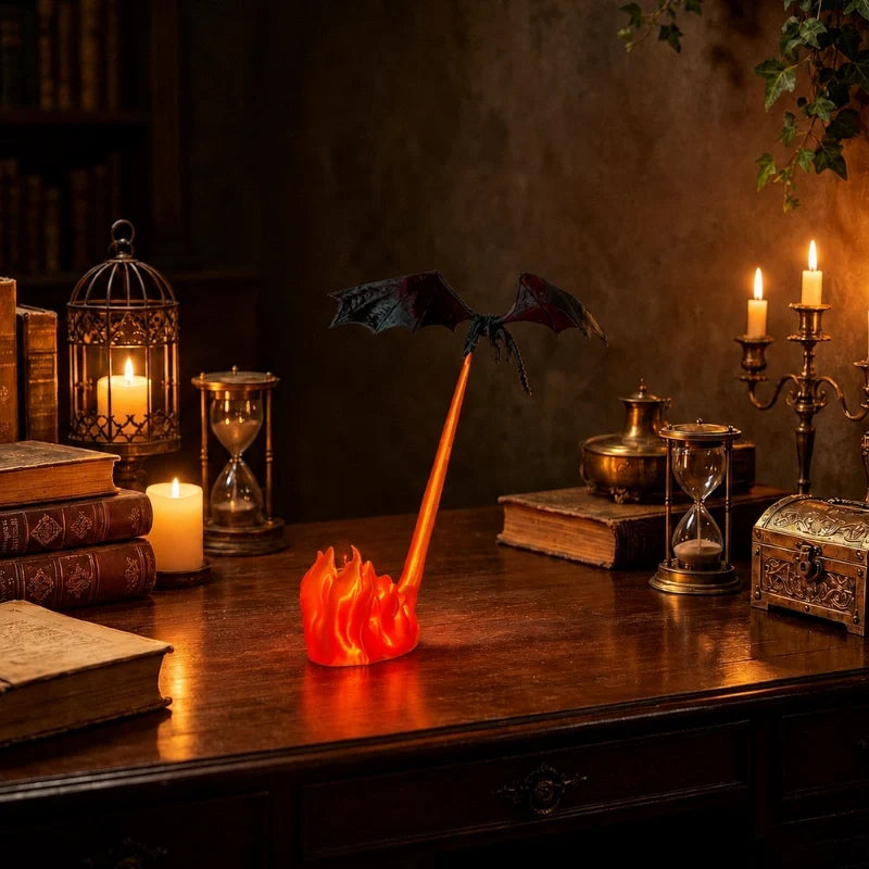 Holte dragon night light on a desk among candles and old books
