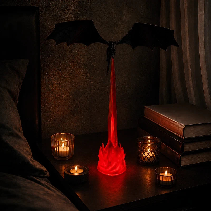 Holte dragon night light glowing red on a dark nightstand