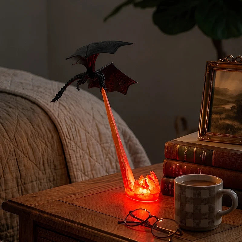 Holte dragon night light on a nightstand beside a mug