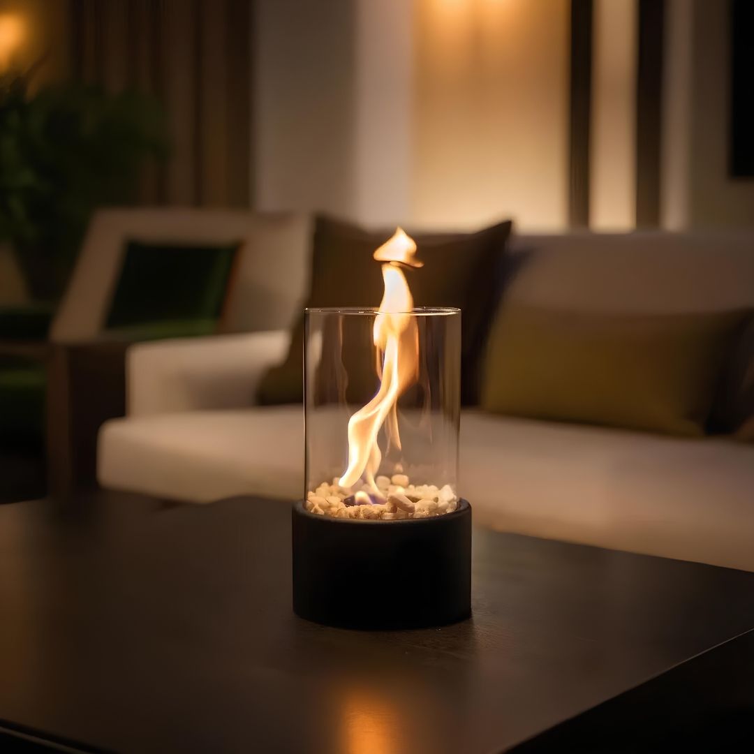Horten fire lamp in black lit on a coffee table