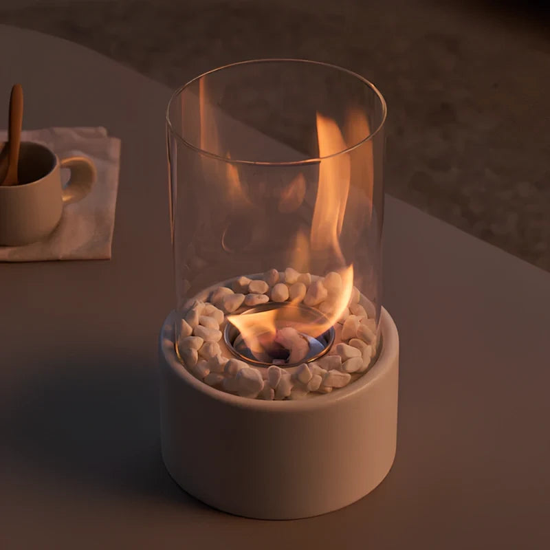 Close view of the Horten fire lamp in white, lit