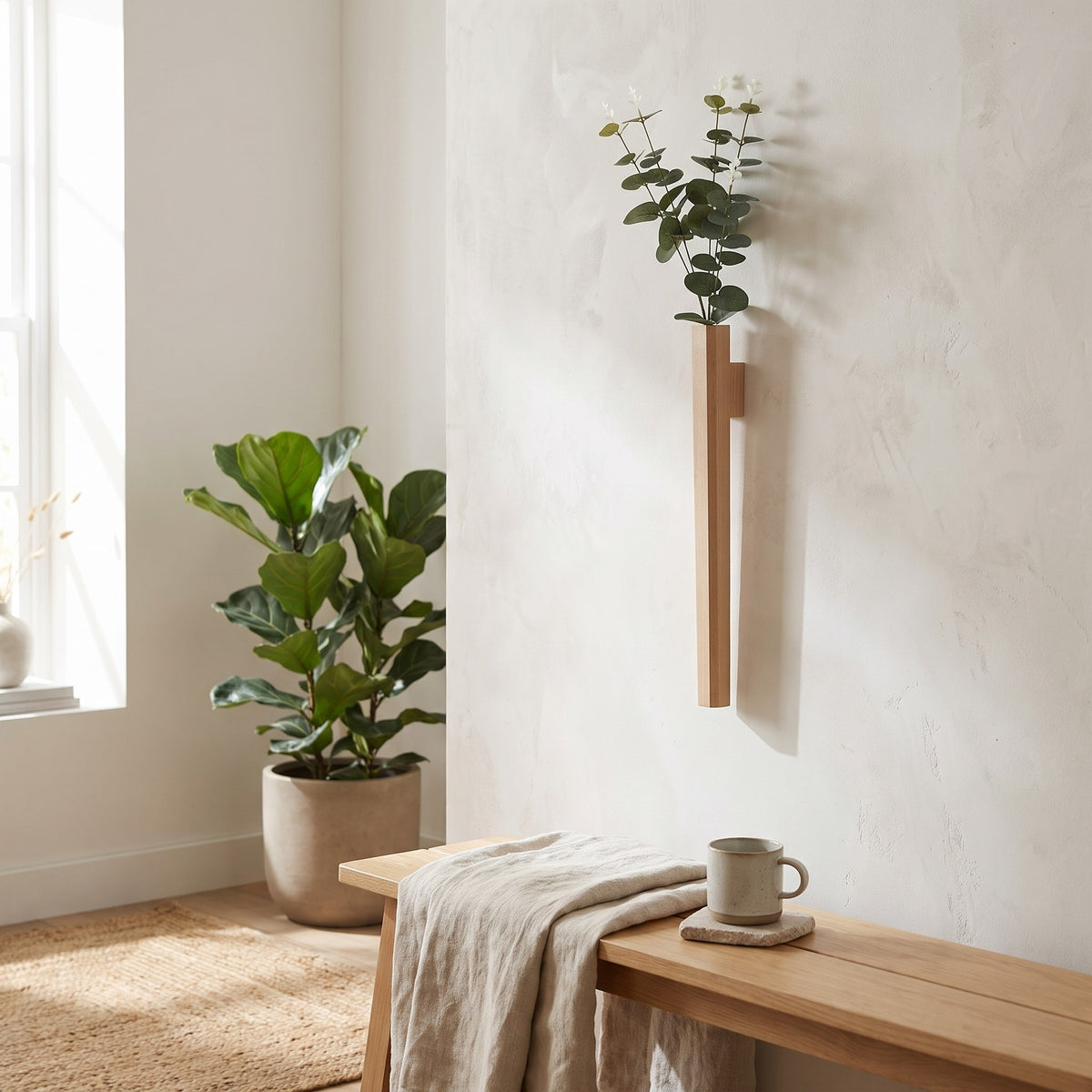 Idun wall vase holding eucalyptus above a wooden bench