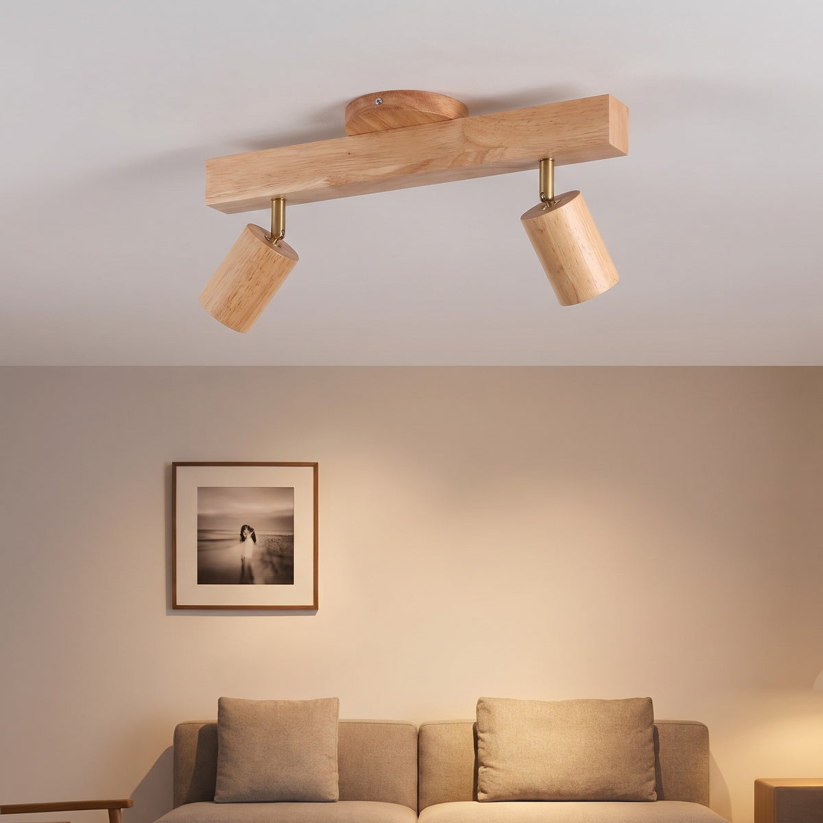 Iida wooden spotlight bar on a living room ceiling above a sofa