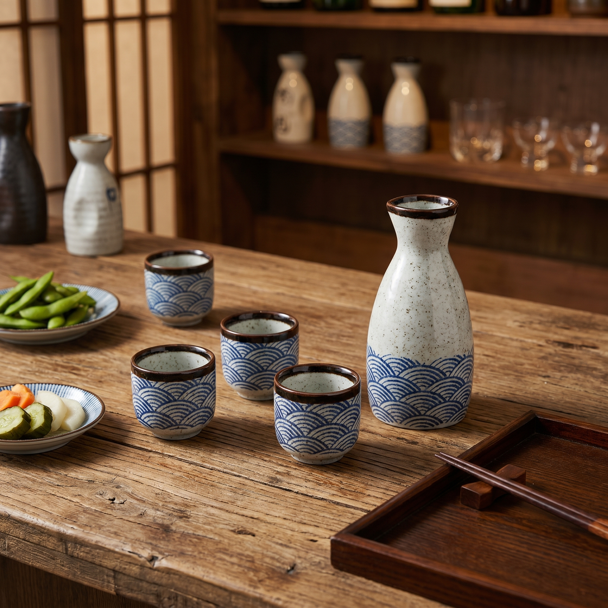 Japanese Ceramic Sake Set, Carafe and Cups, CIQ Certified, Handcrafted