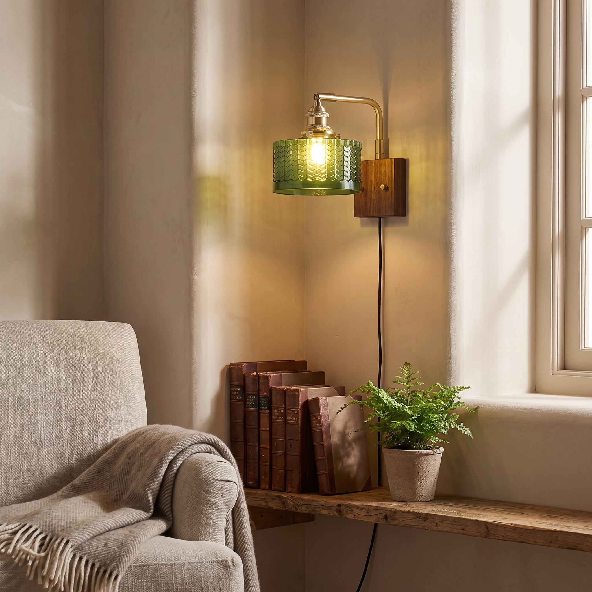 Juniper Plug-In Wall Lamp, Fish-Scale Glass, Brass