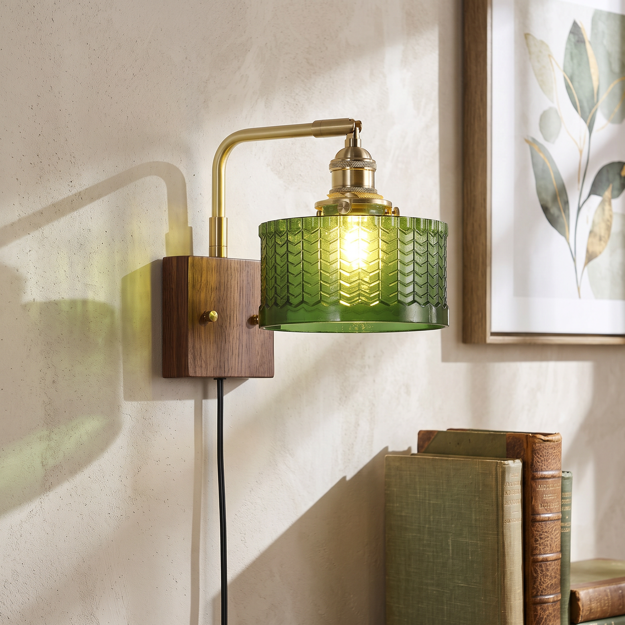 Juniper Plug-In Wall Lamp, Fish-Scale Glass, Brass