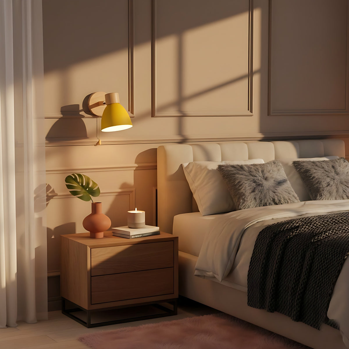 Yellow Juni wall sconce lighting a bedside table