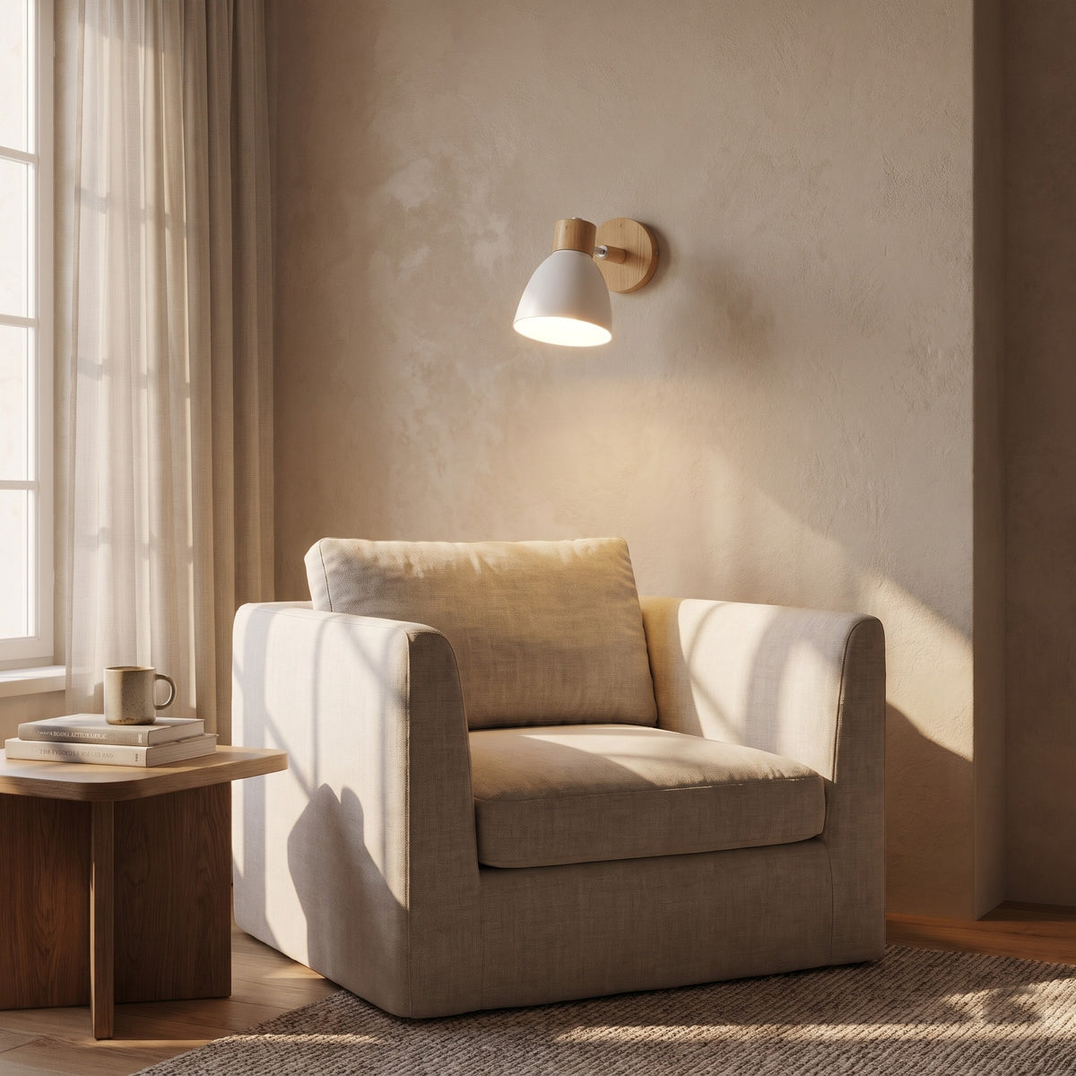 White Juni wall sconce over a reading chair