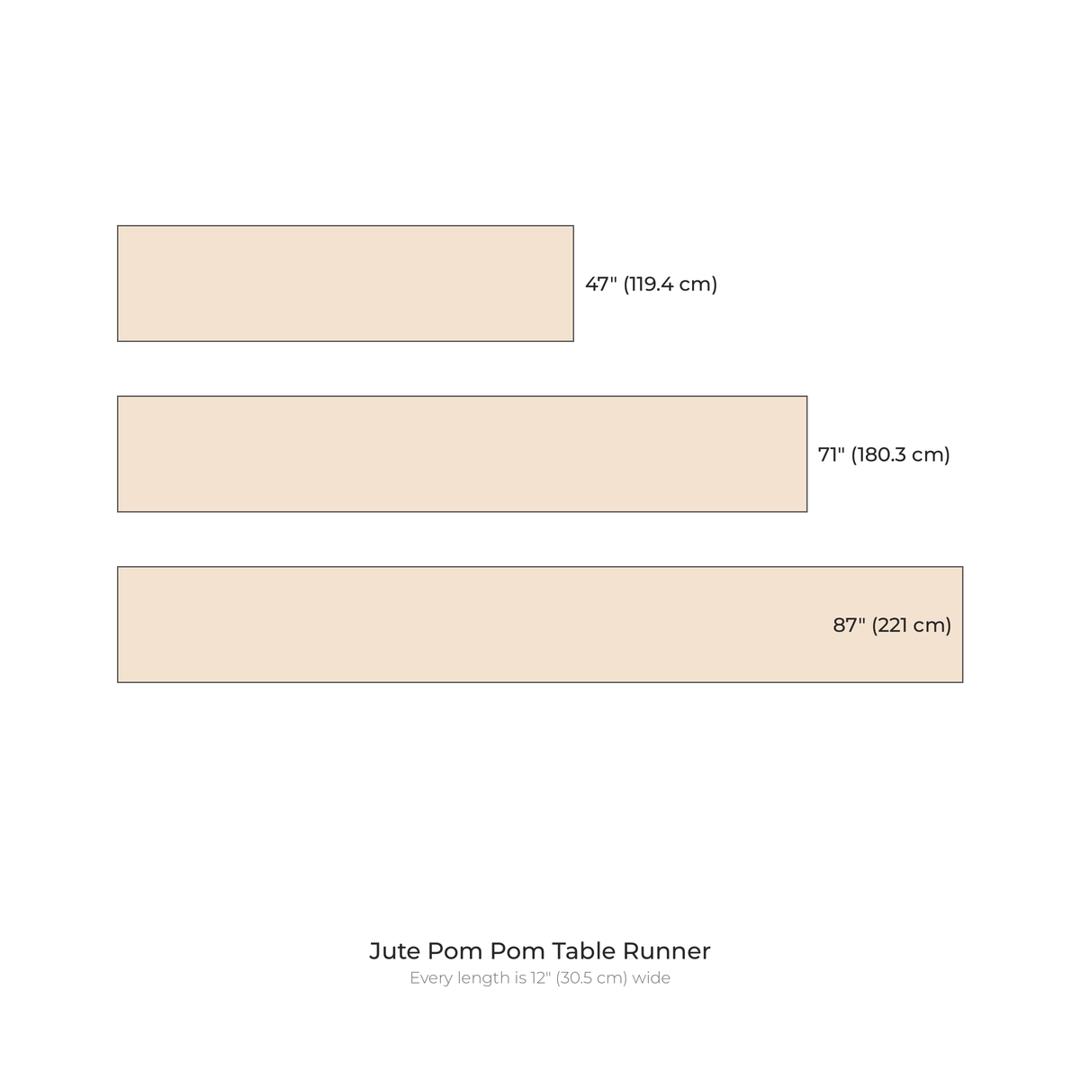 Jute pom pom runner sizes: 12 inches wide in 47, 71 and 87 inch lengths