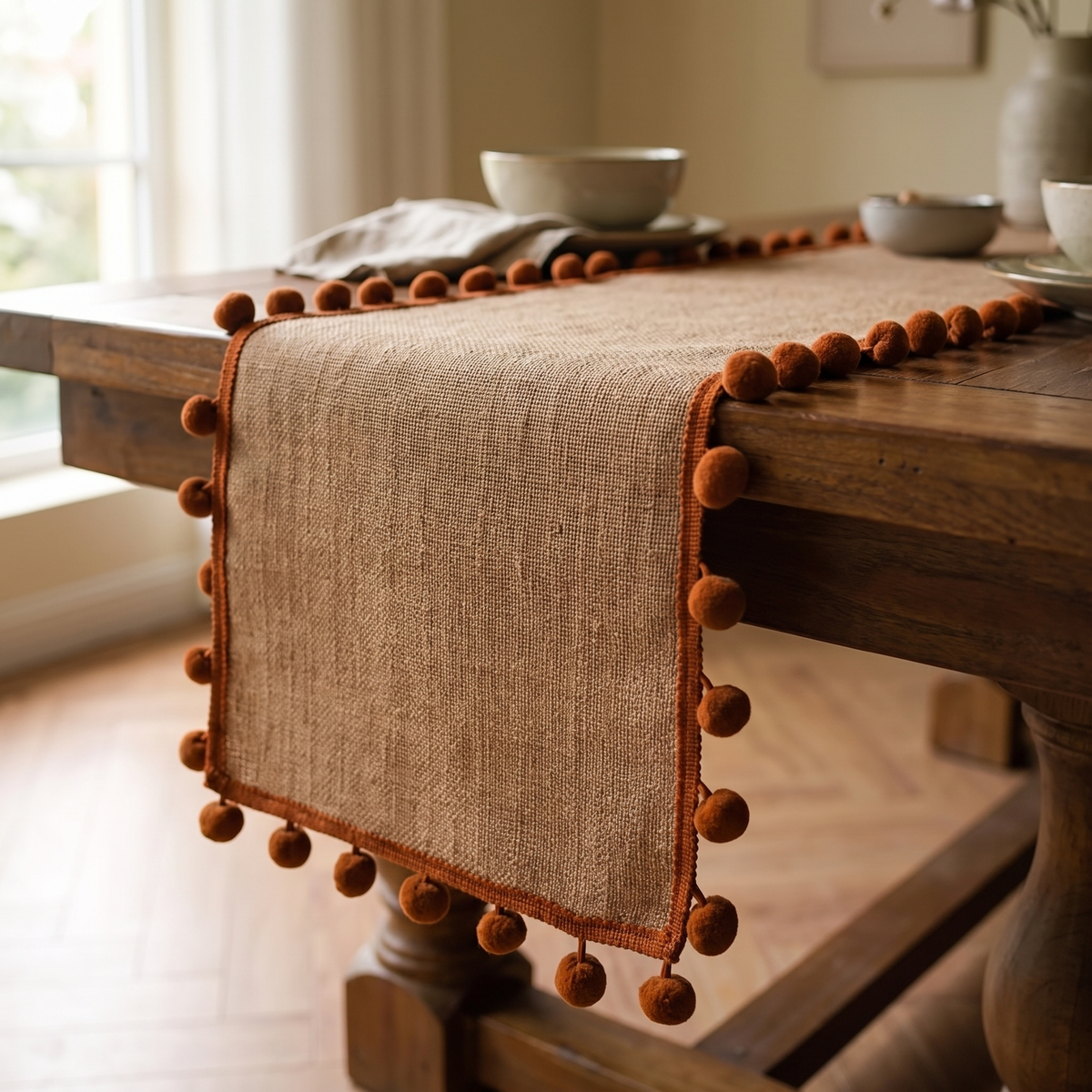 Close view of the jute texture, rust binding and pom pom trim