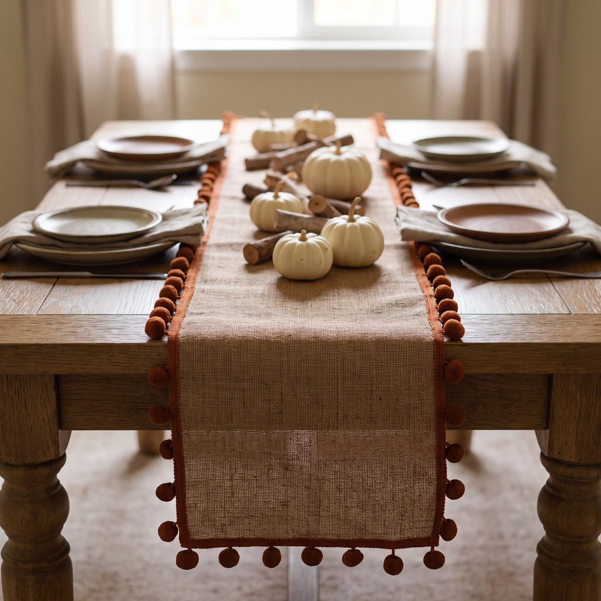 Jute pom pom runner down a farmhouse table set for a fall dinner