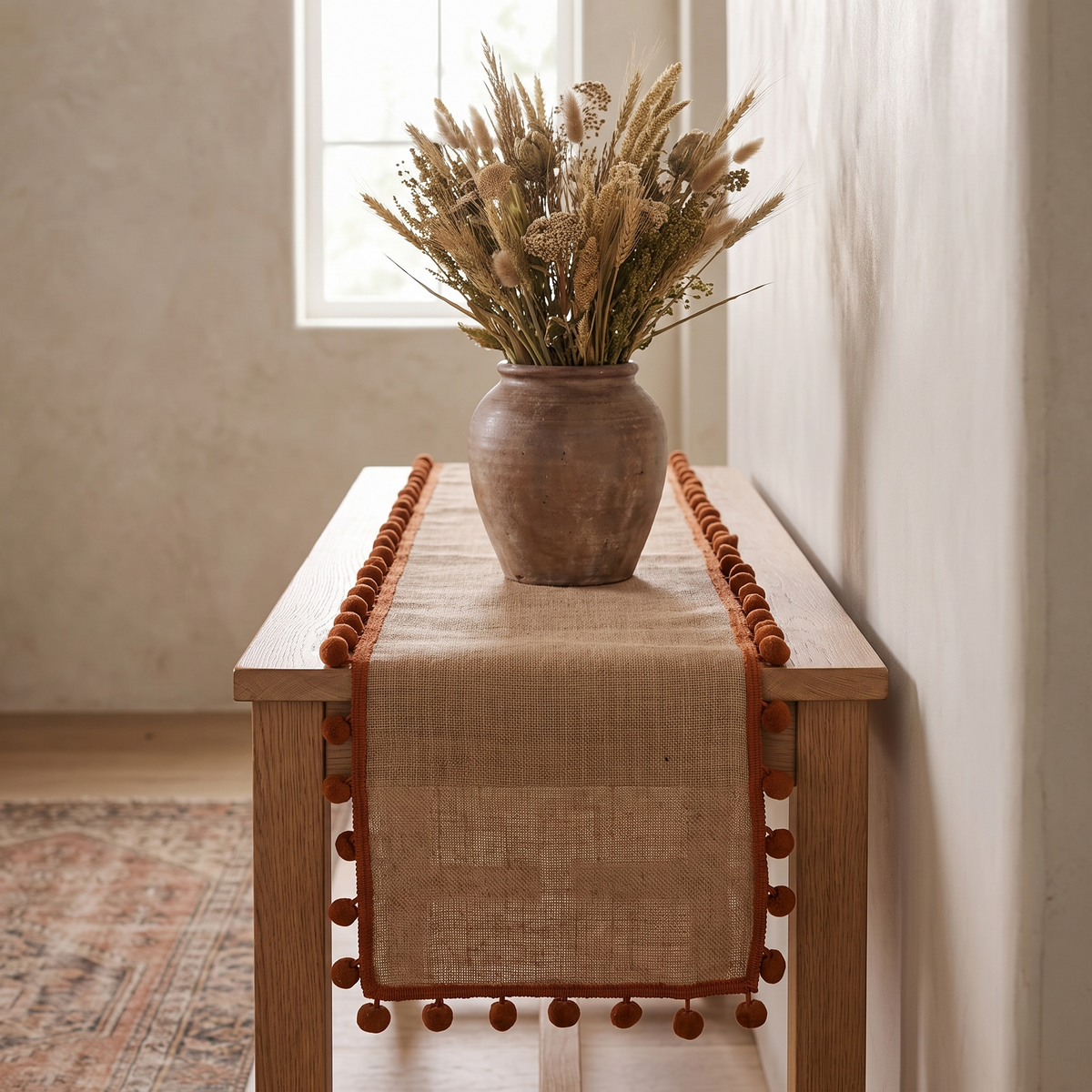 Jute pom pom runner on an oak console with a vase of dried grasses