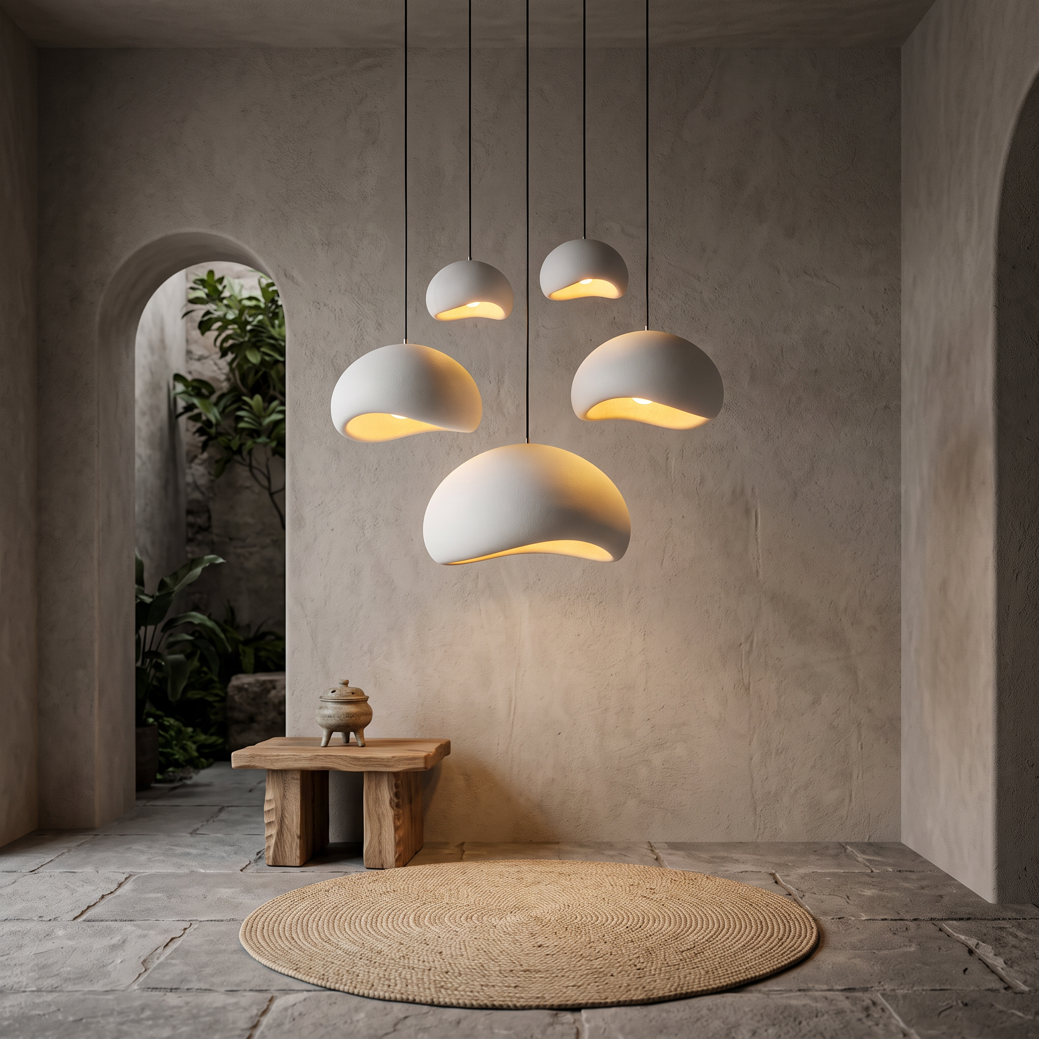 Wabi-Sabi Pendant Light, Glass and Iron, 60 in Height