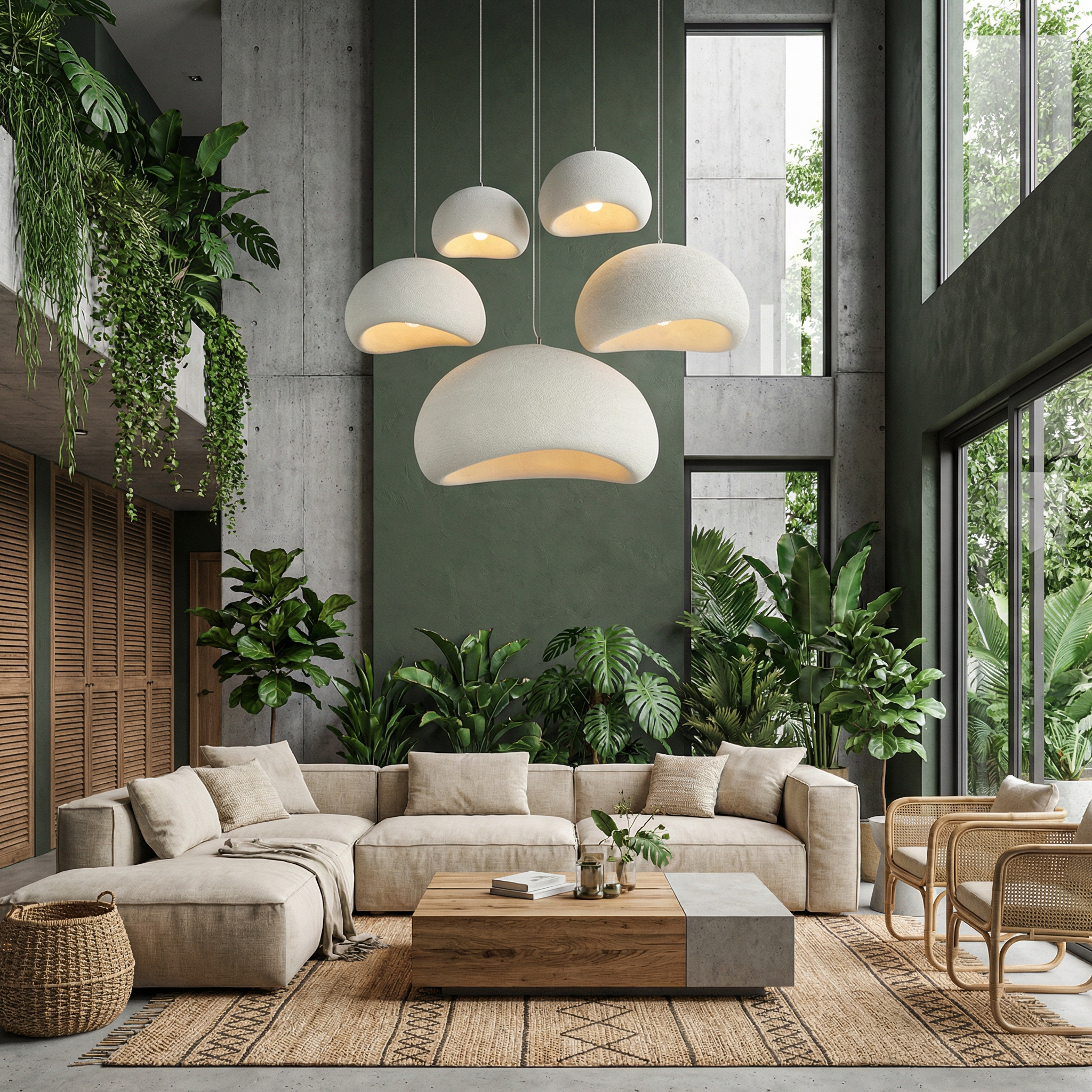 Wabi-Sabi Pendant Light, Glass and Iron, 60 in Height