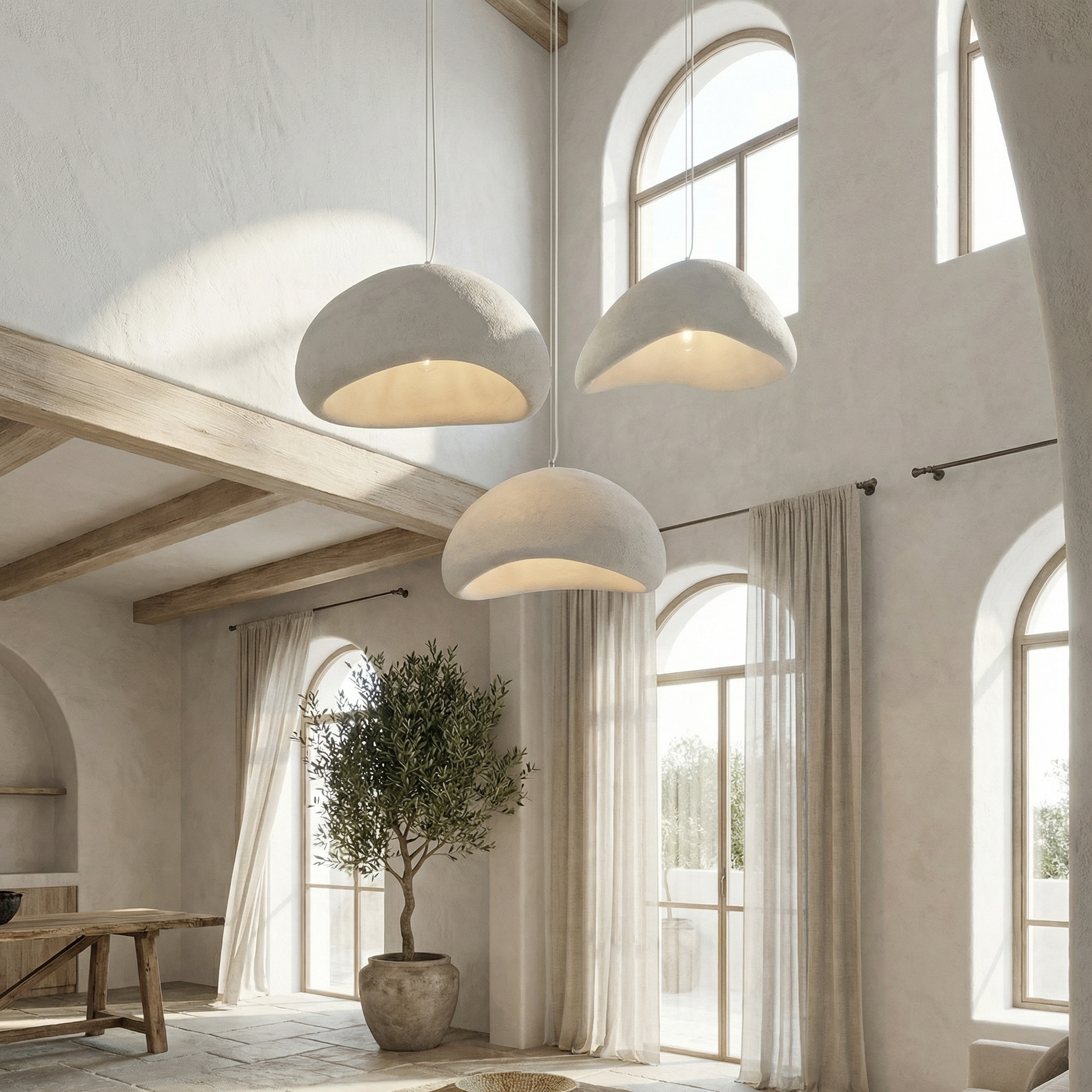 Wabi-Sabi Pendant Light, Glass and Iron, 60 in Height