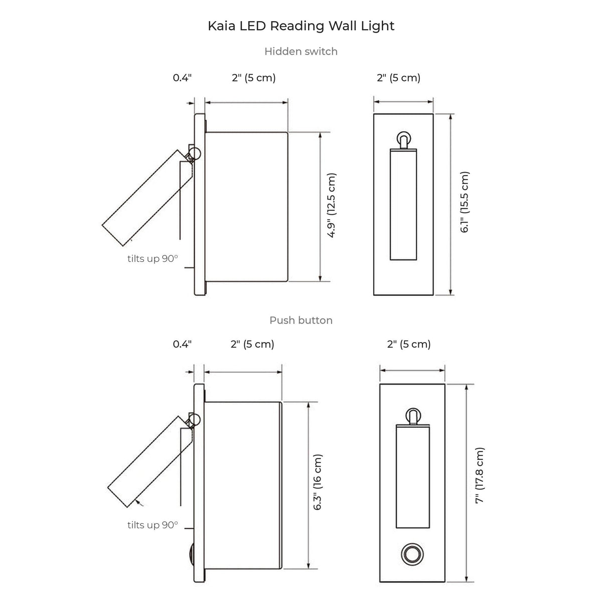 Kaia LED reading wall light dimensions in inches and centimeters for the hidden switch and push button versions