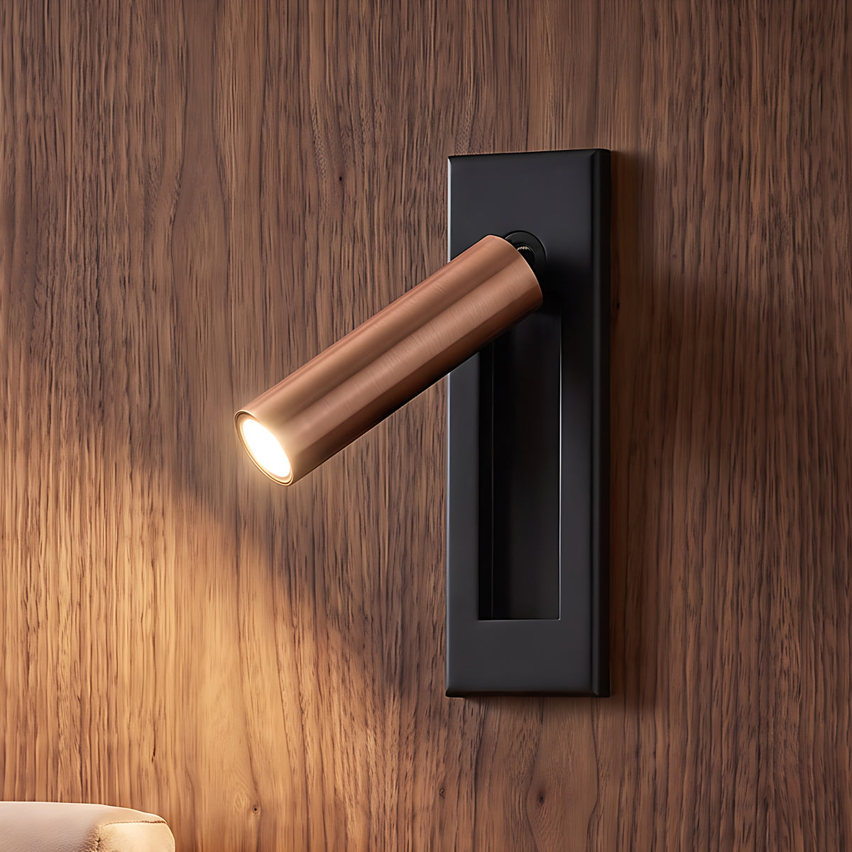 Kaia LED reading wall light, round, hidden switch, black and copper finish