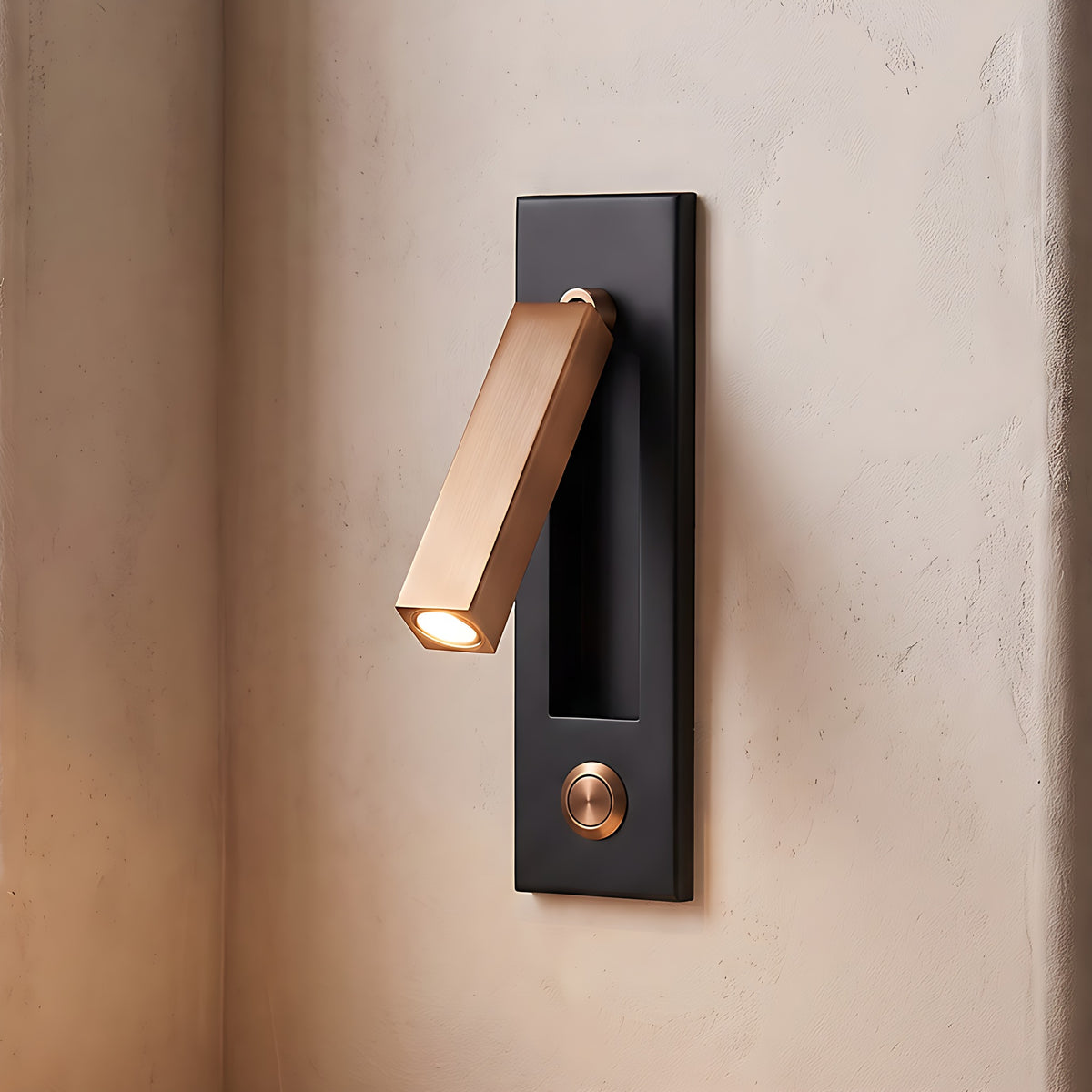 Kaia LED reading wall light, square, push button, black and copper finish