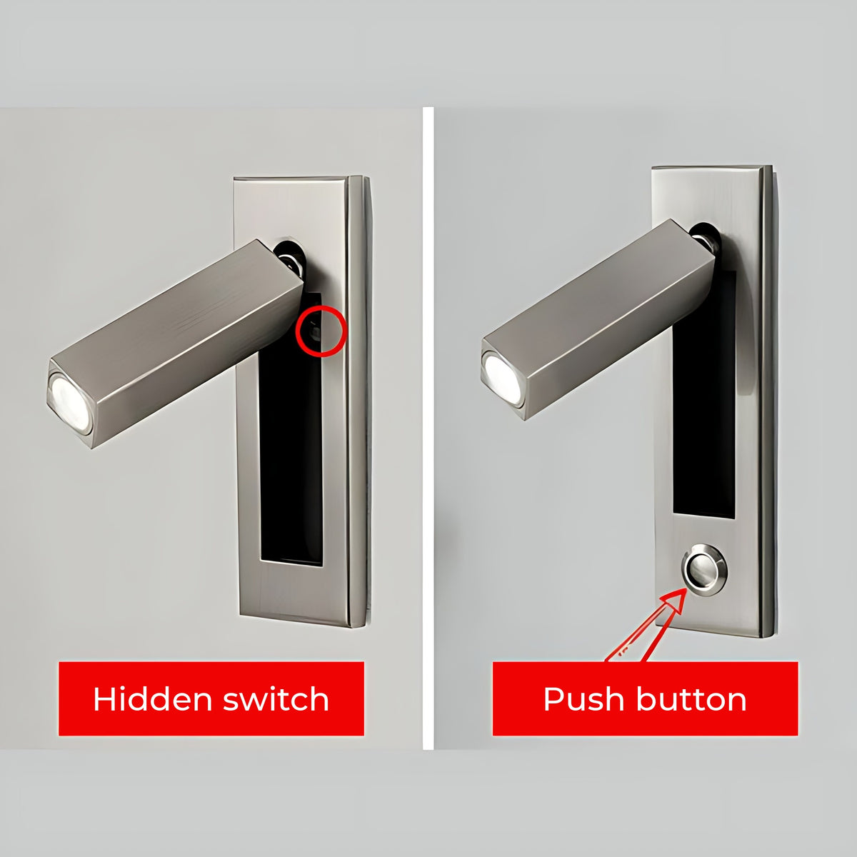Kaia LED reading wall light hidden switch and push button versions side by side